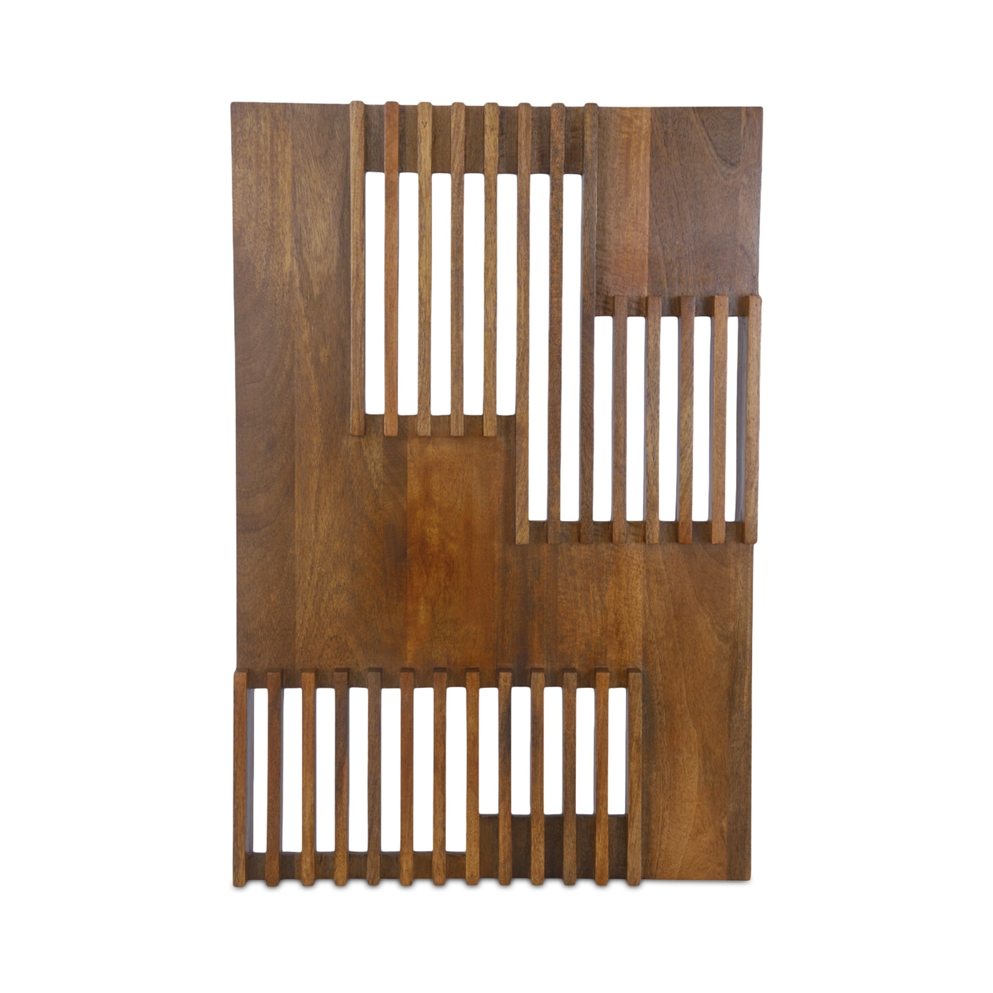 Dashton Wall Sculpture Rectangular Solid Mango Wood Mid Century Geometry Linear Cutout Detail Hang Ready Brown