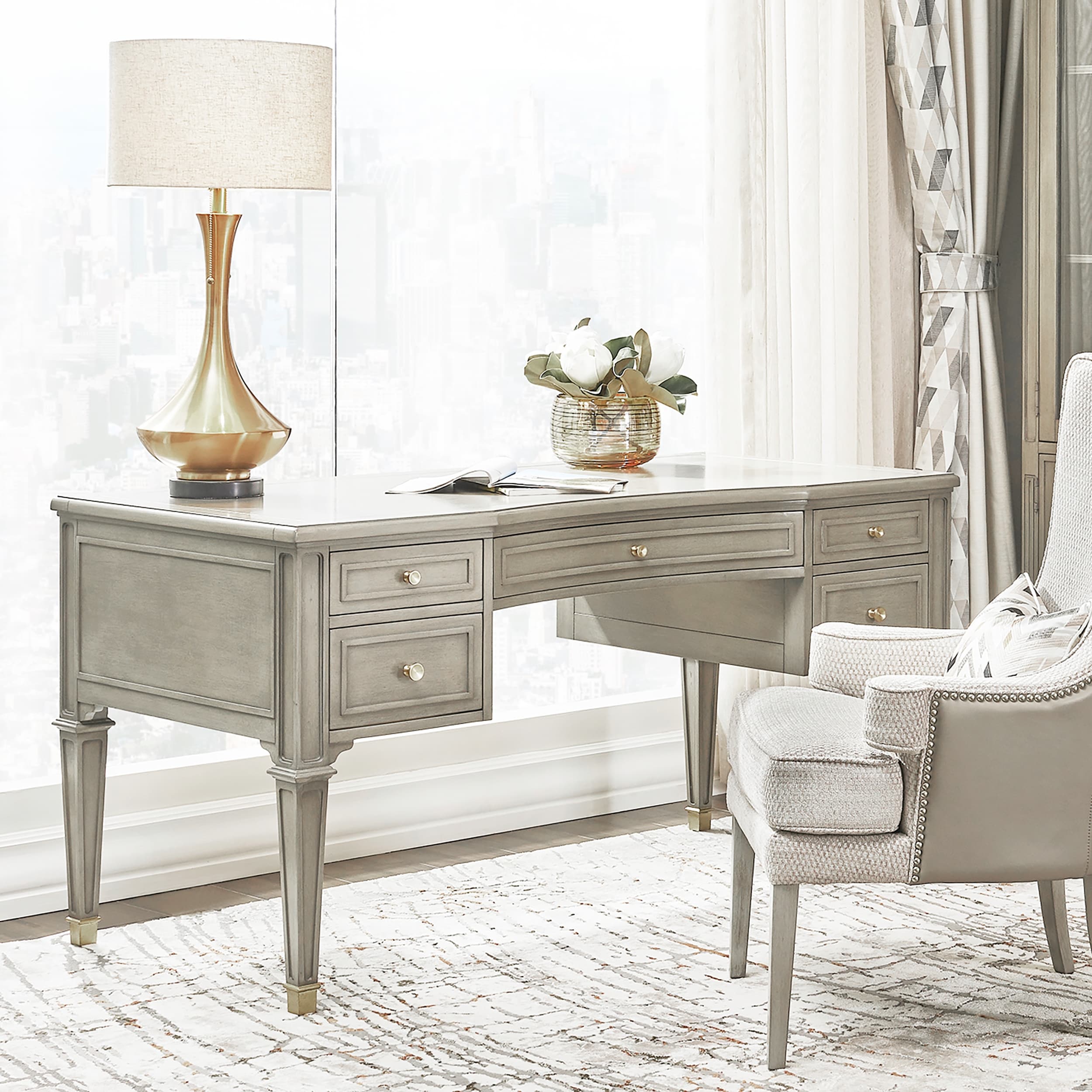 Dauphin Gold Accent 5 Drawer Grey Wood Desk