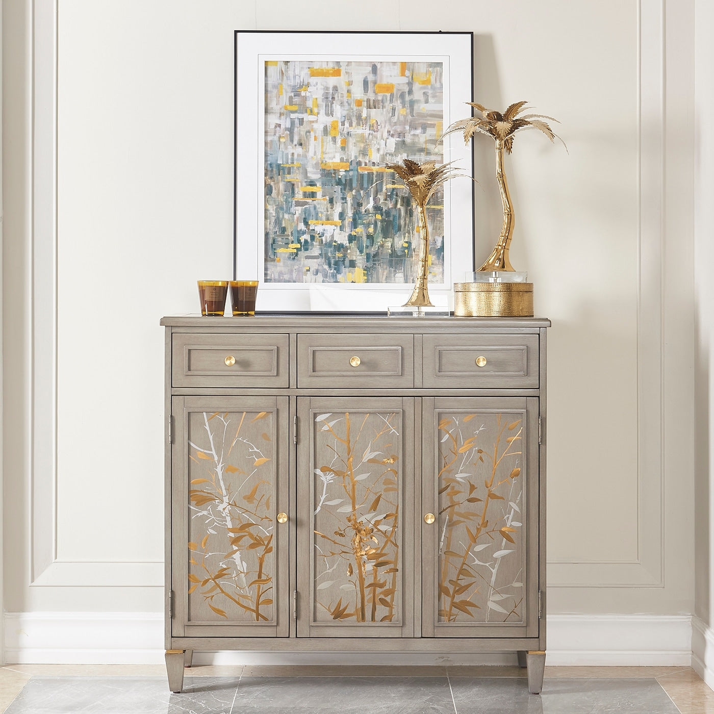 The Curated Nomad Sawu Grey Handpainted Entryway Storage Cabinet