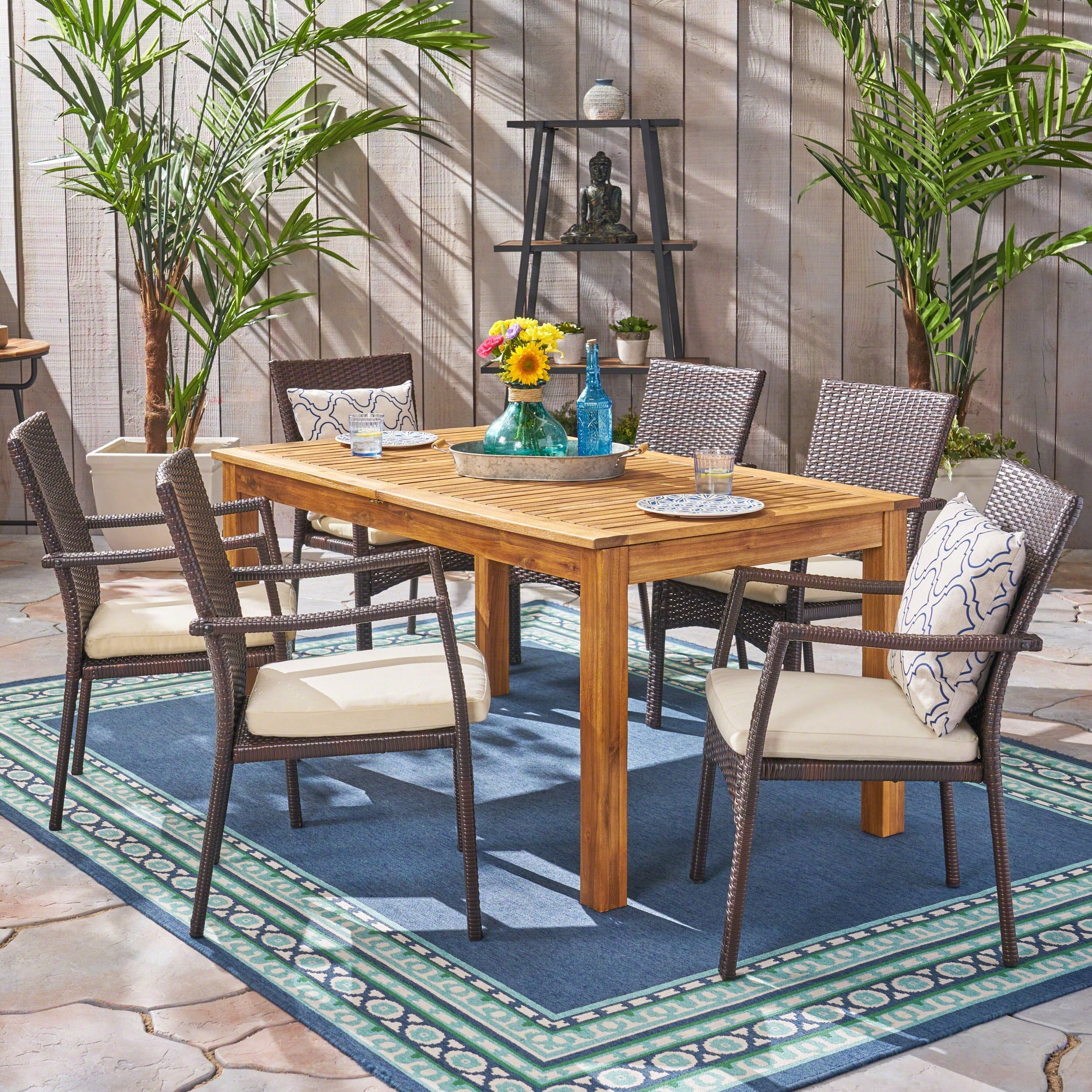 Davenport Outdoor 7 Piece Wood And Wicker Expandable Dining Set By Christopher Knight Home