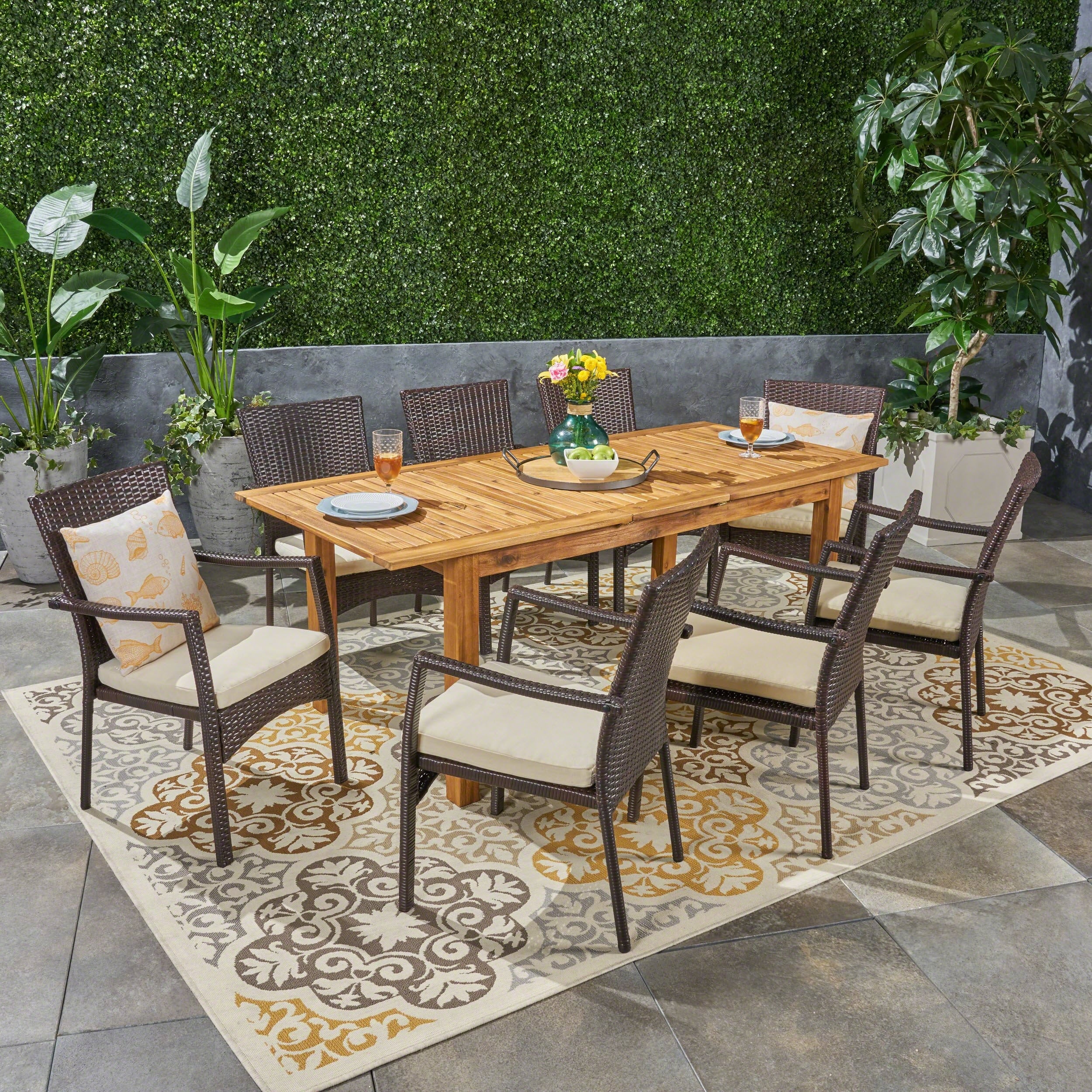 Davenport Outdoor 9 Piece Wood And Wicker Expandable Dining Set By Christopher Knight Home
