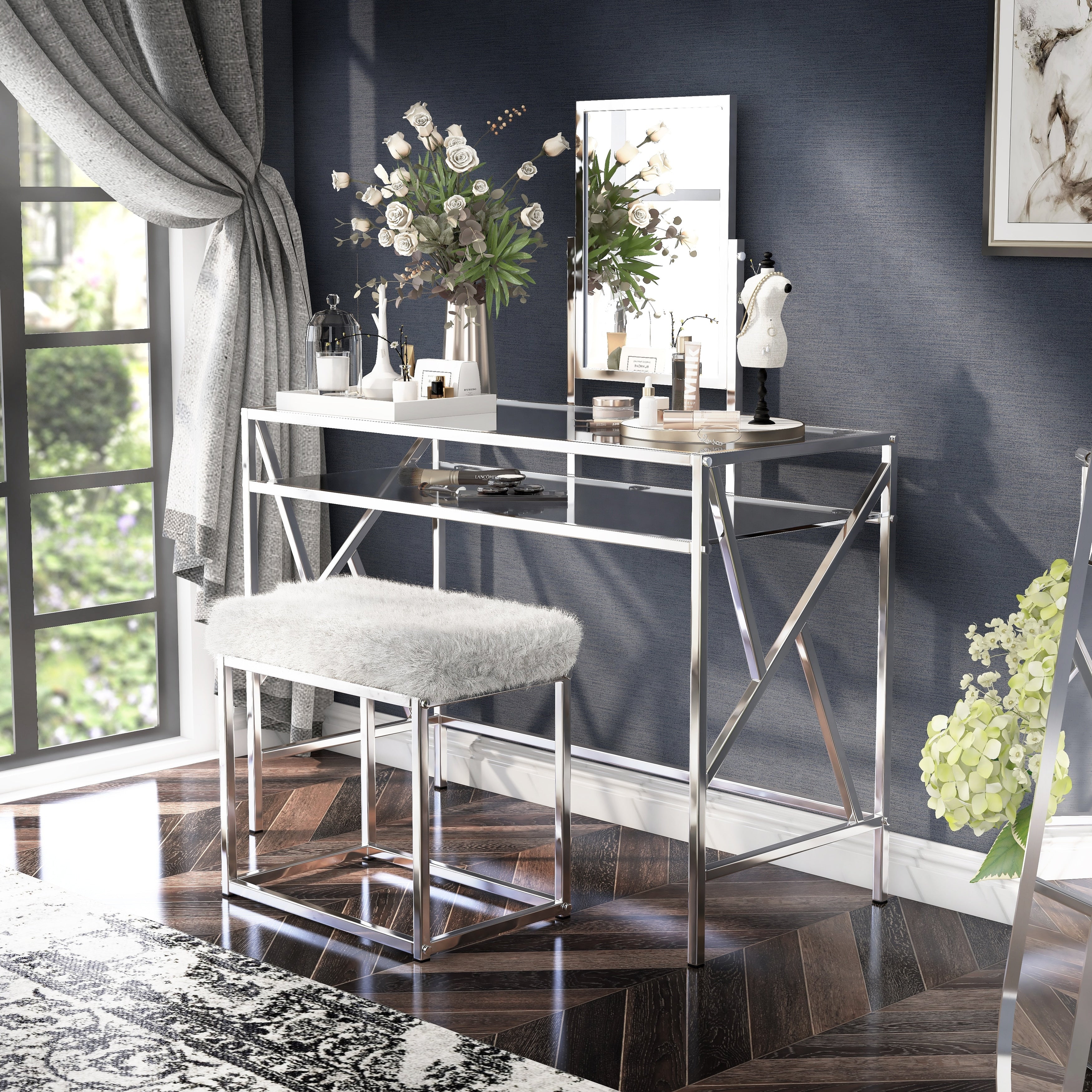 Furniture Of America Ailees Metal Glass Contemporary Glam 2 Piece Vanity Table Set With Faux Fur Stool