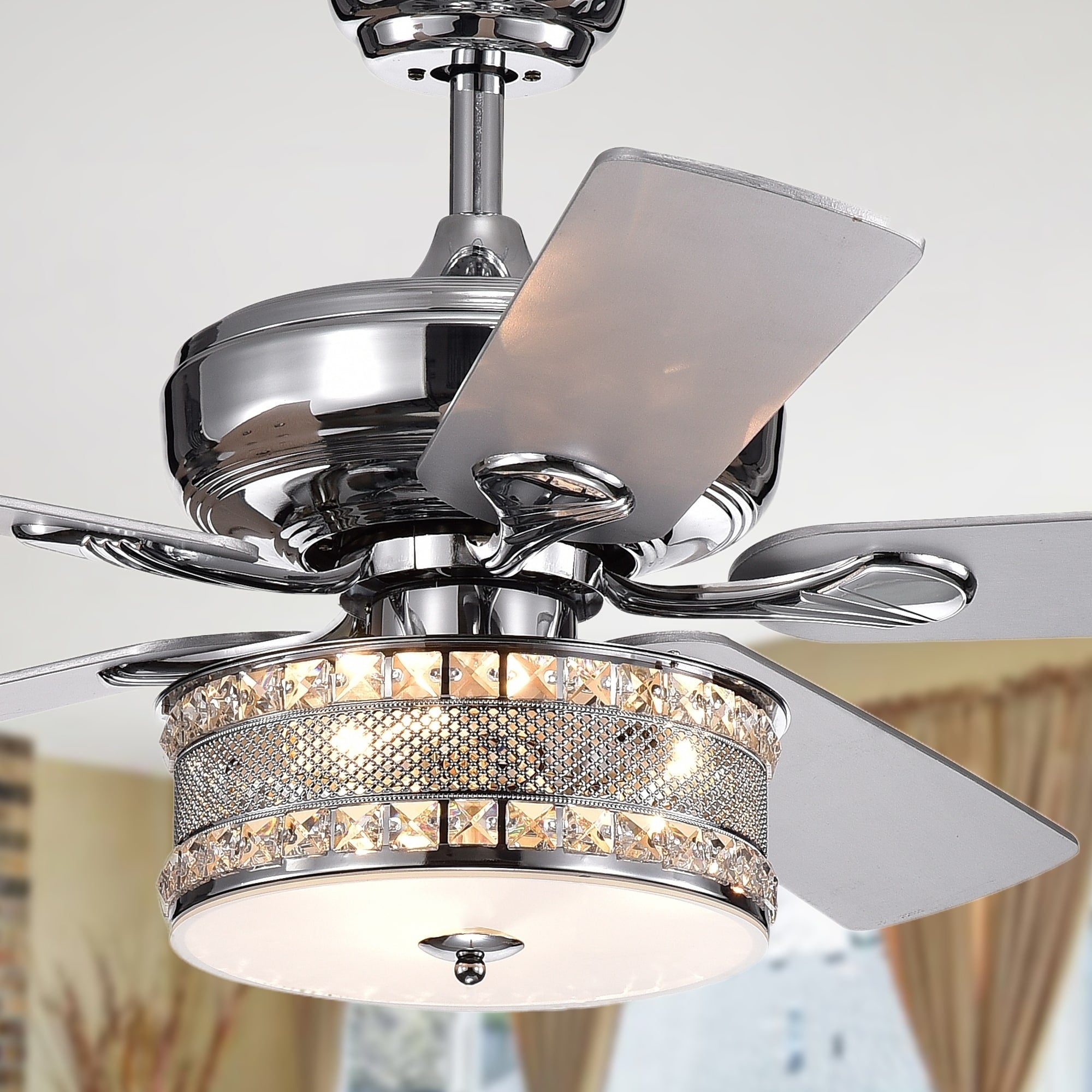 Davrin 5 Blade 52 Inch Chrome Ceiling Fan With 3 Light Crystal Drum Lamp Remote Control