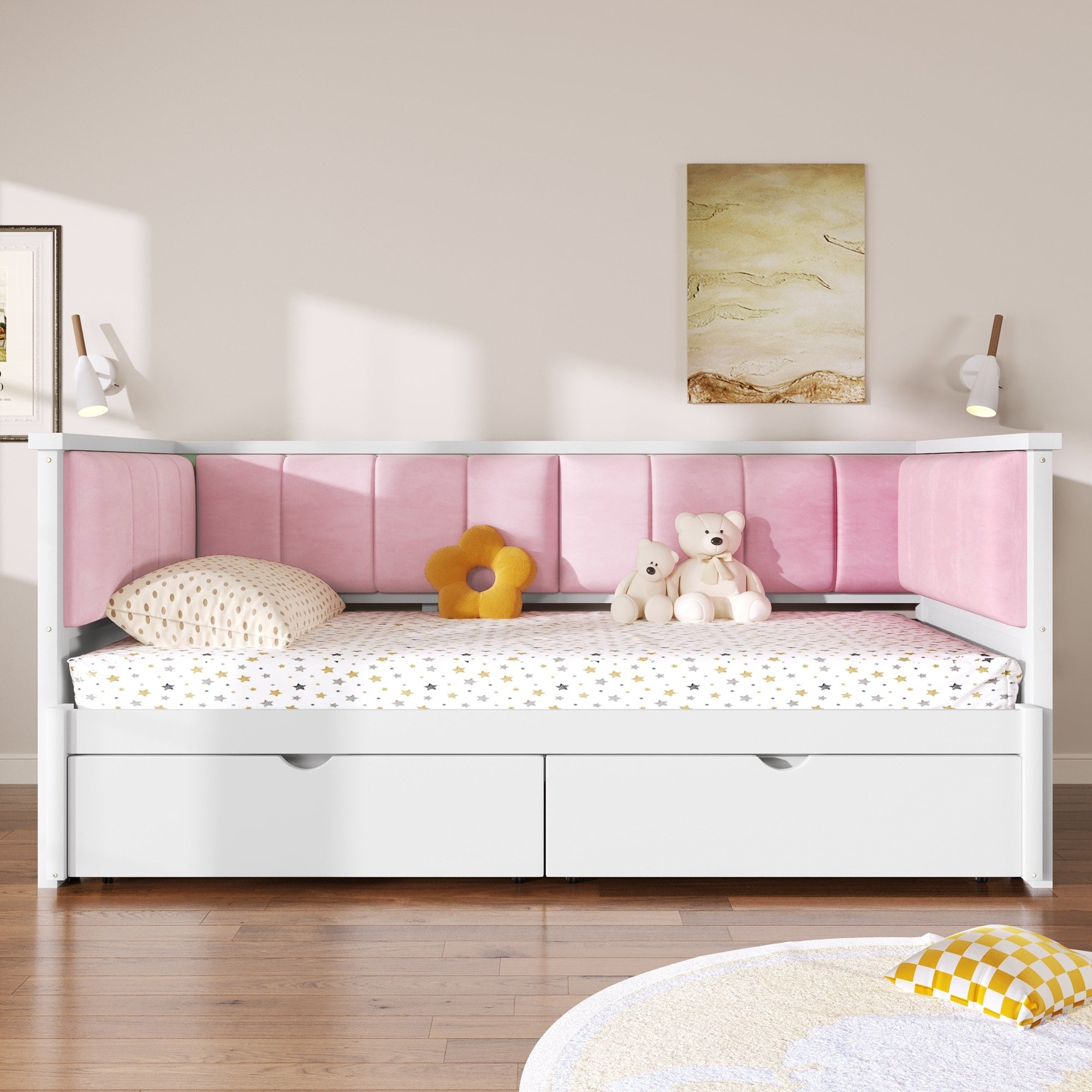 Daybed Platform Bed Frame With Upholstered Backrest Drawers