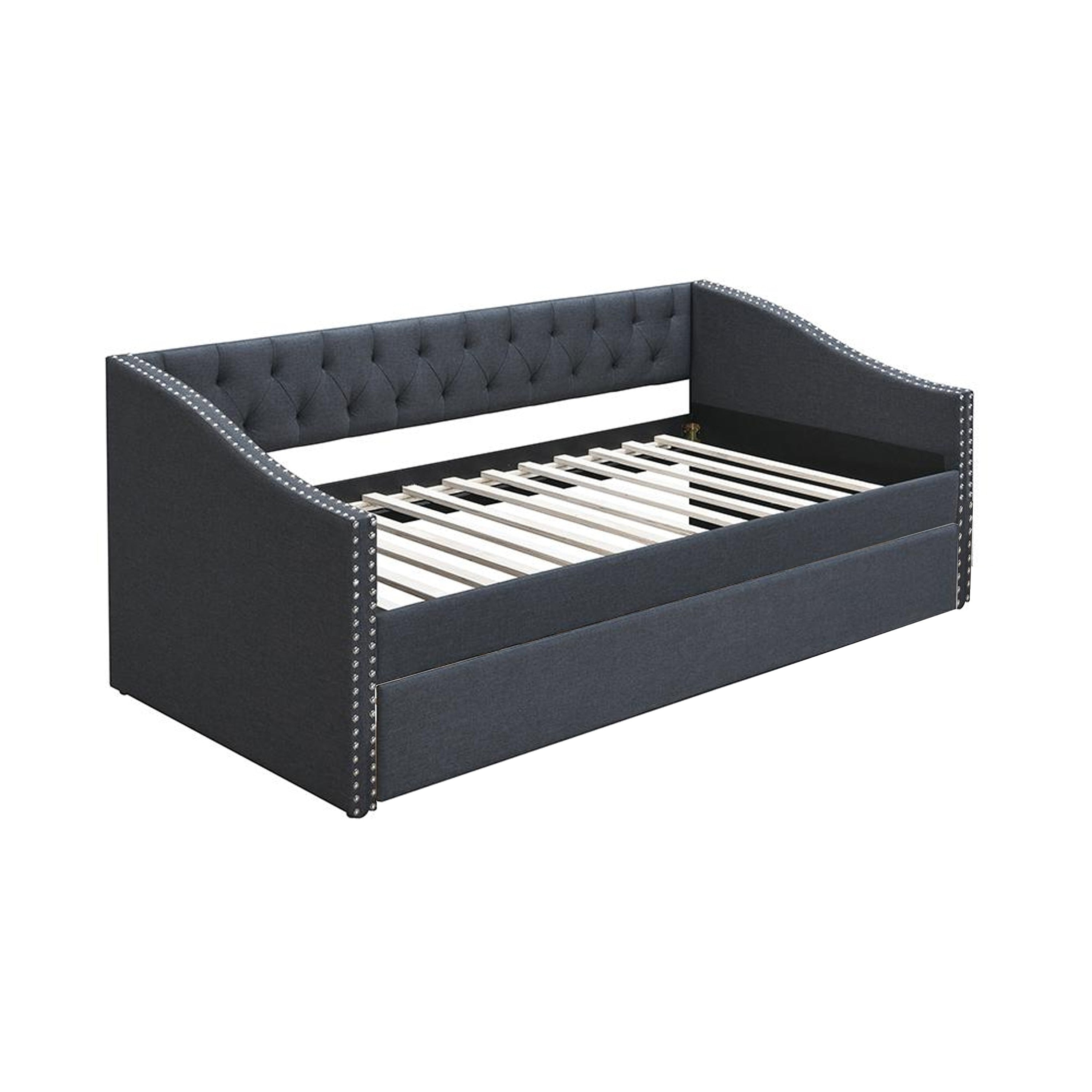Daybed Sofa W Slats N Trundle Bed Nailhead Trim Charcoal Gray Fabric