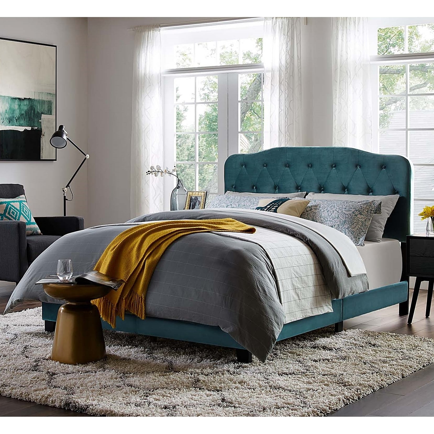 Dayton Full Size Teal Velvet Platform Bed With Button Tufted Headboard