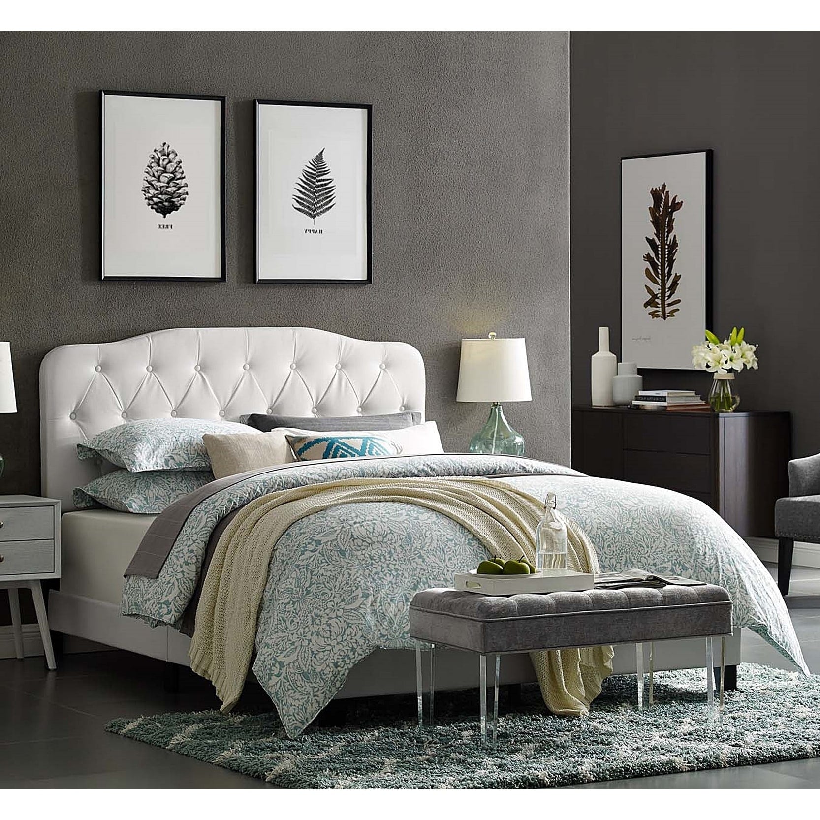Dayton Full Size White Leather Platform Bed With Button Tufted Headboard