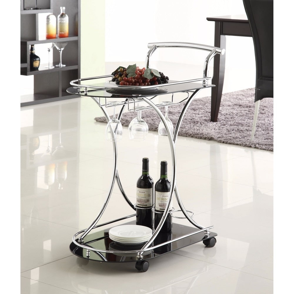Dazzling Serving Cart With 2 Black Glass Shelves Silver