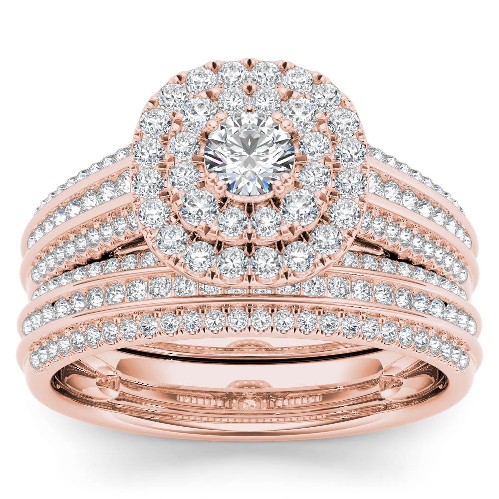 De Couer 10K Rose Gold 1Ct Tdw Double Halo Diamond Bridal Set Pink