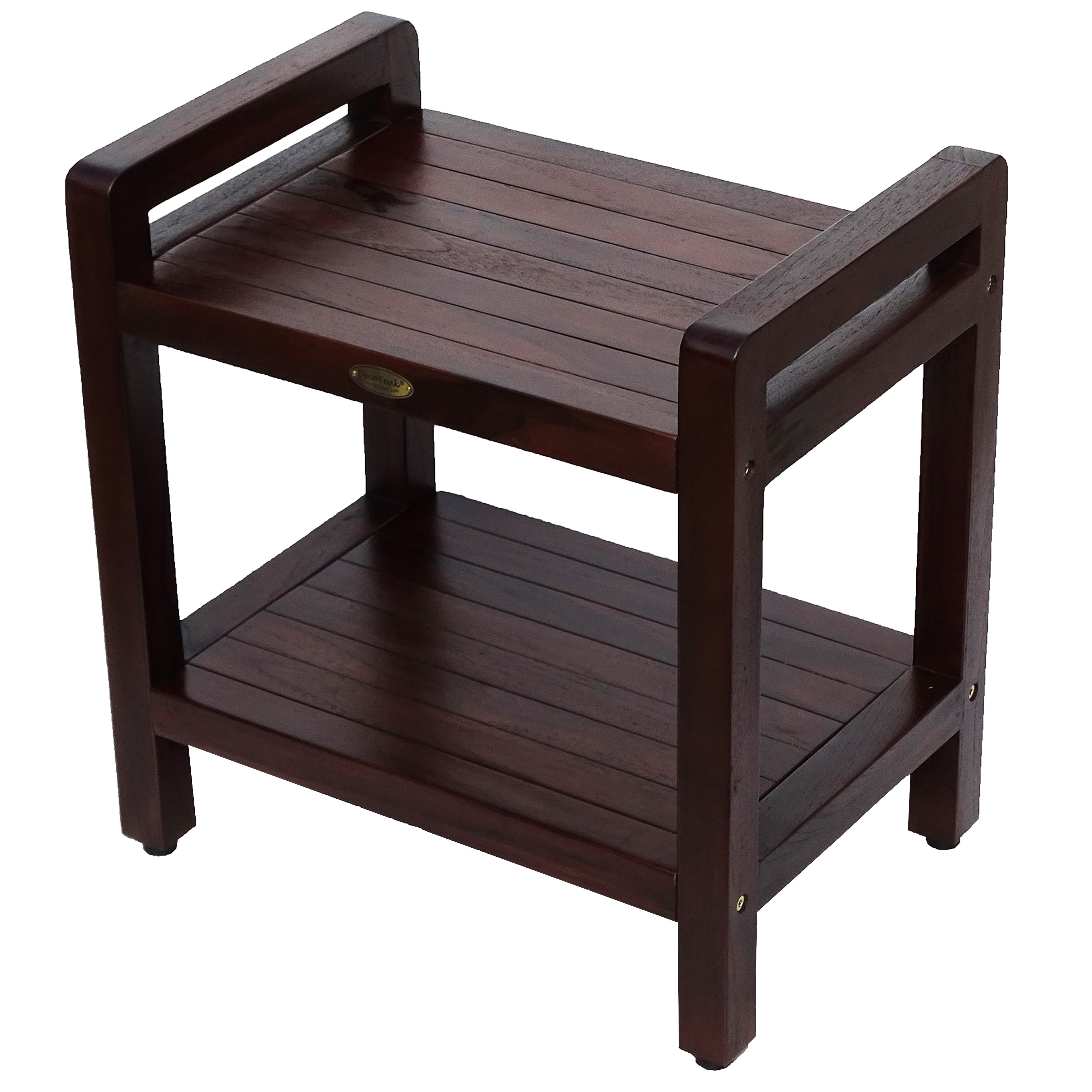 Decoteak Eleganto 20 Inch Teak Shower Stool With Liftaide Arms And Shelf In Woodland Brown Finish