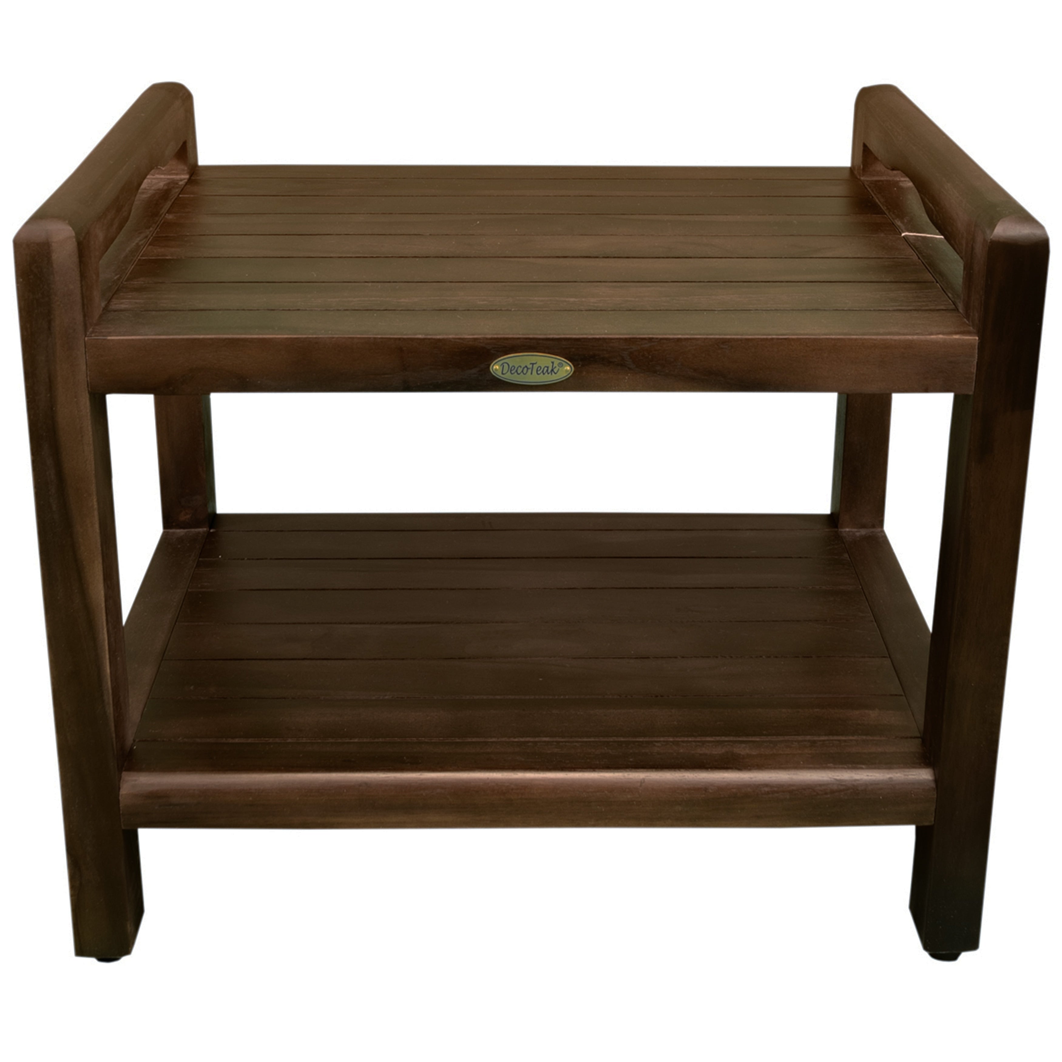 Decoteak Eleganto 24 Inch Extended Height Ergonomic Teak Shower Stool With Liftaide Arms And Shelf In Woodland Brown Finish