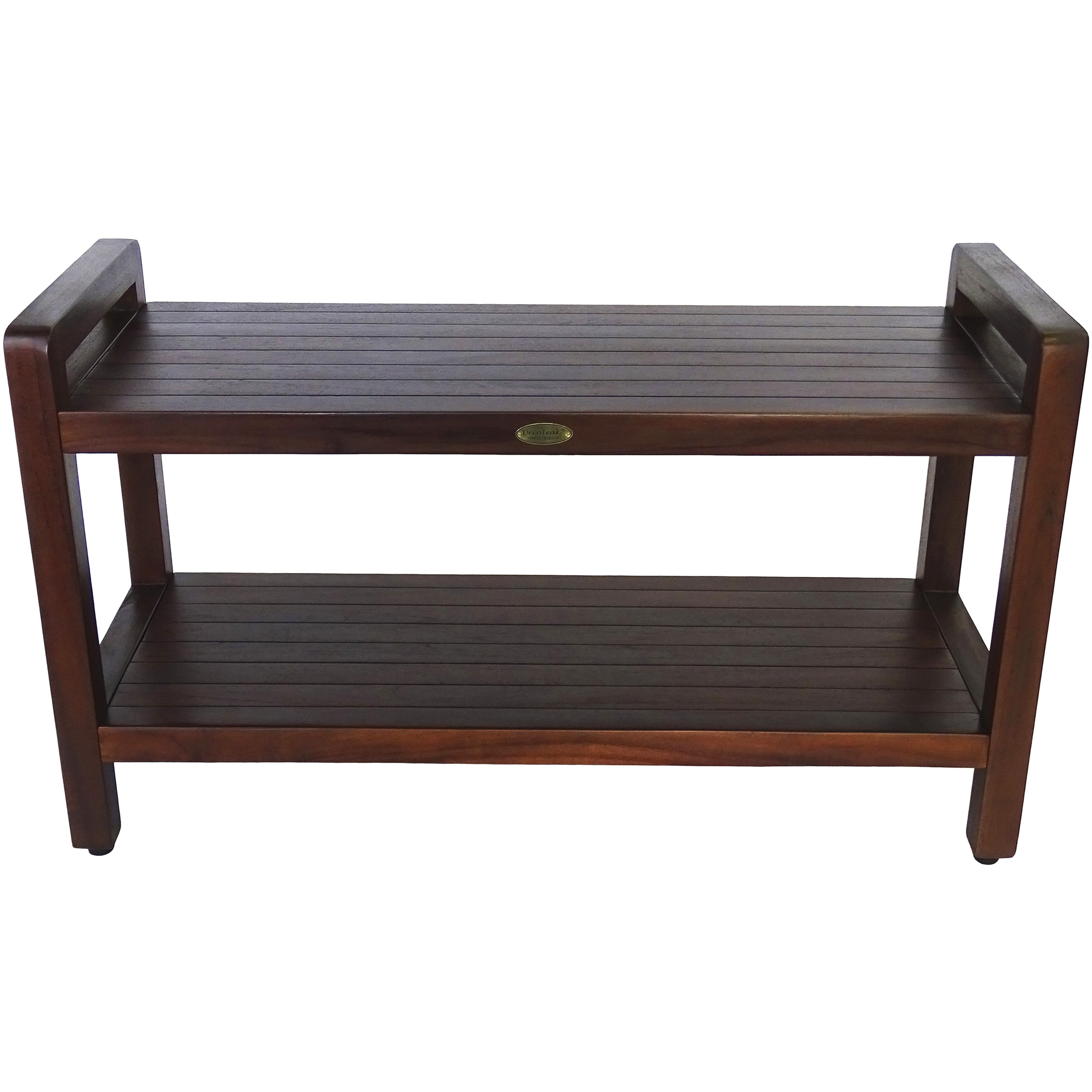 Decoteak Eleganto 35 Inch Extended Length Ergonomic Teak Shower Stool With Liftaide Arms And Shelf In Woodland Brown Finish