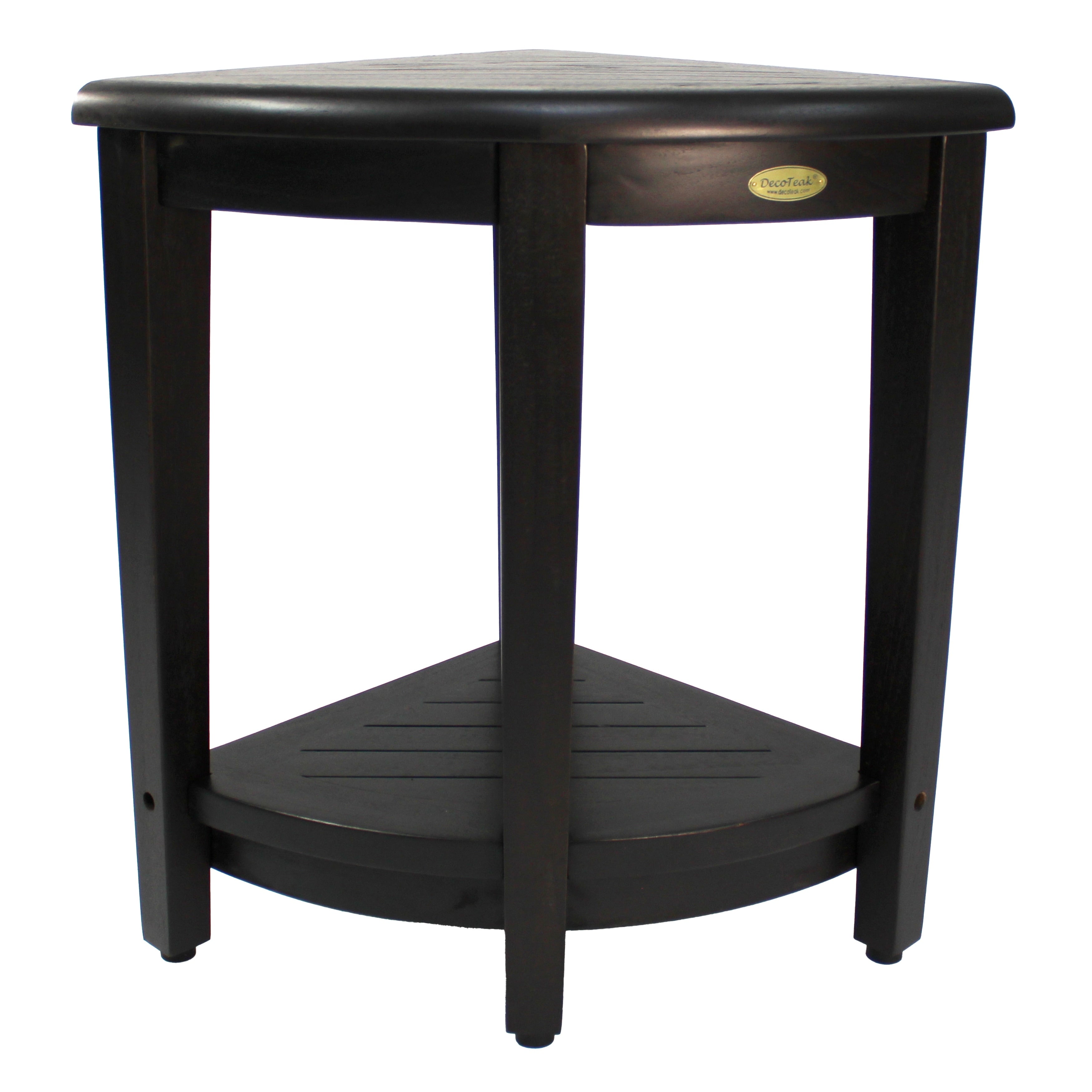 Decoteak Oasis Extended Height Teak Corner Shower Bench With Shelf In Signature Woodland Brown Finish