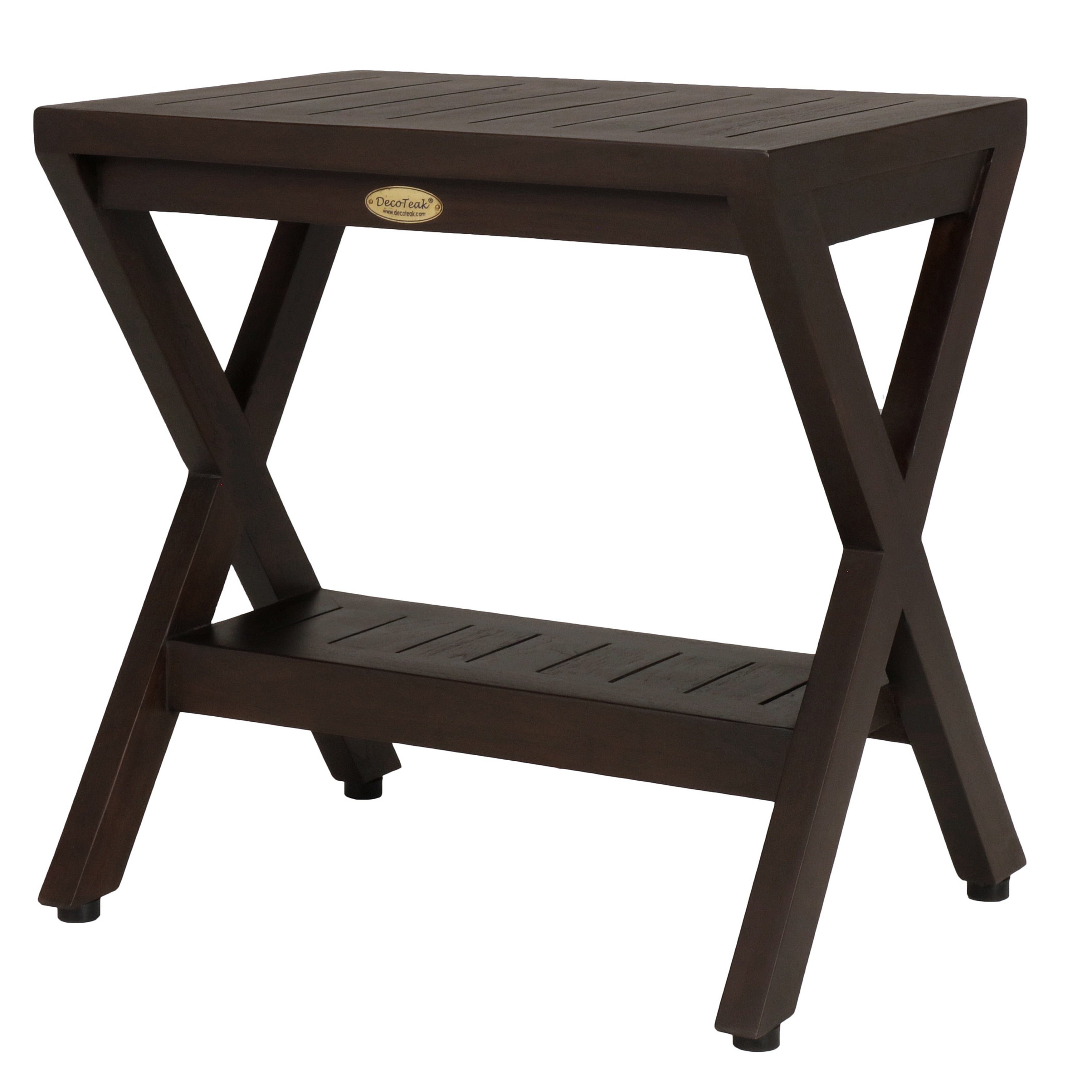 Decoteak Obliquity Solid Teak Shower Bench With Shelf In Woodland Brown Finish