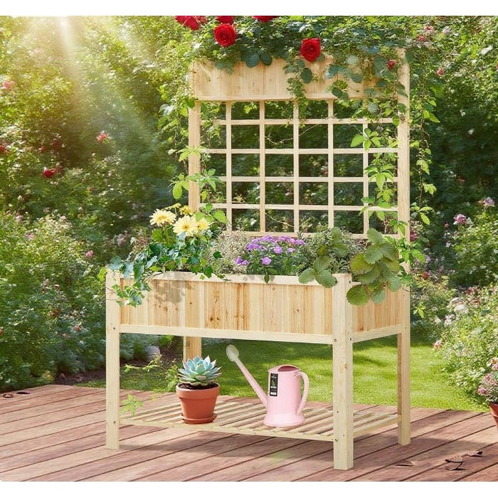 Decorative 2 Level Garden Planter Box With Storage Shelf And Trellis
