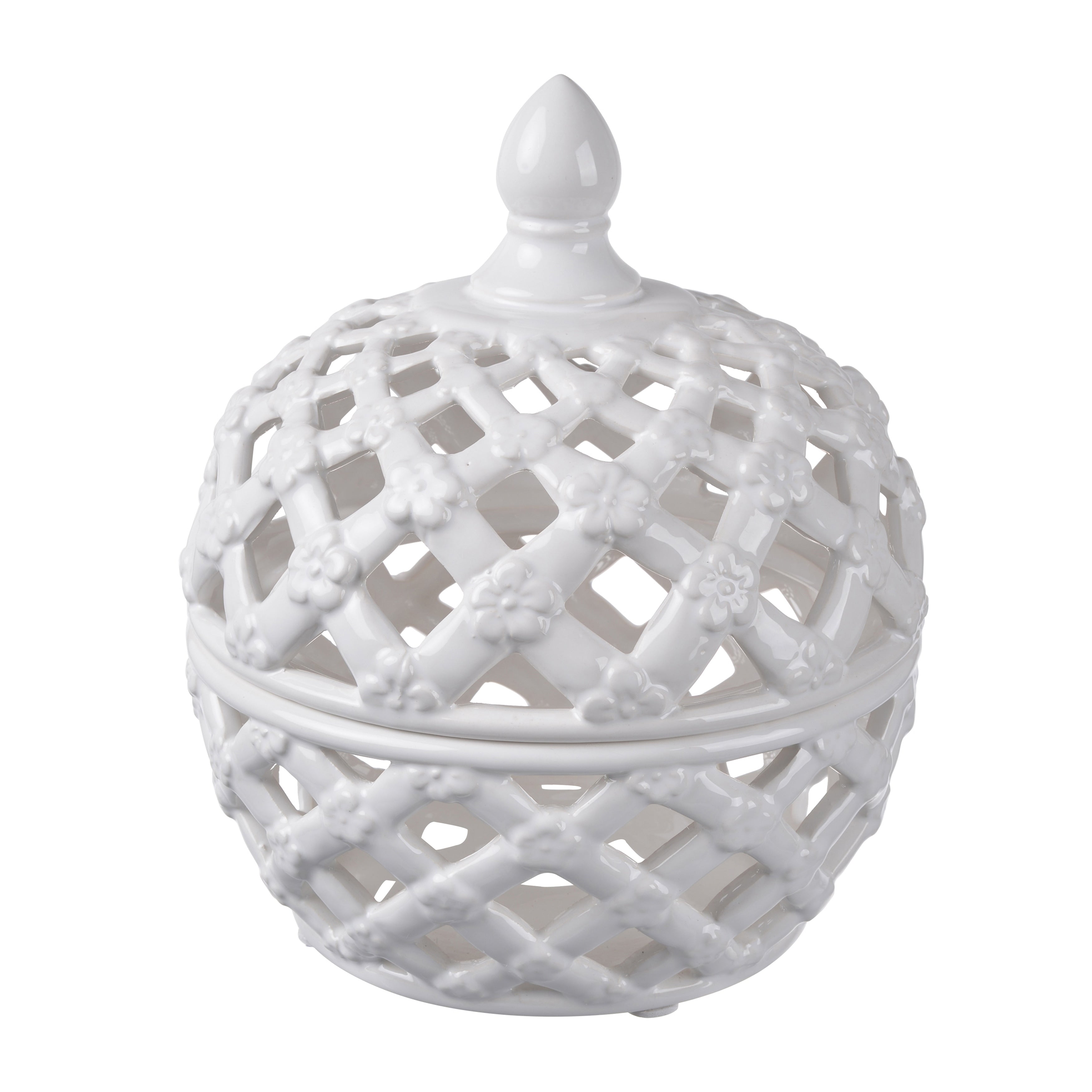 Decorative Ceramic Lidded Jar With Flower Motif Exterior Small White