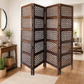 Decorative Four Panel Mango Wood Hinged Room Divider With Circular Cutout Design Brown