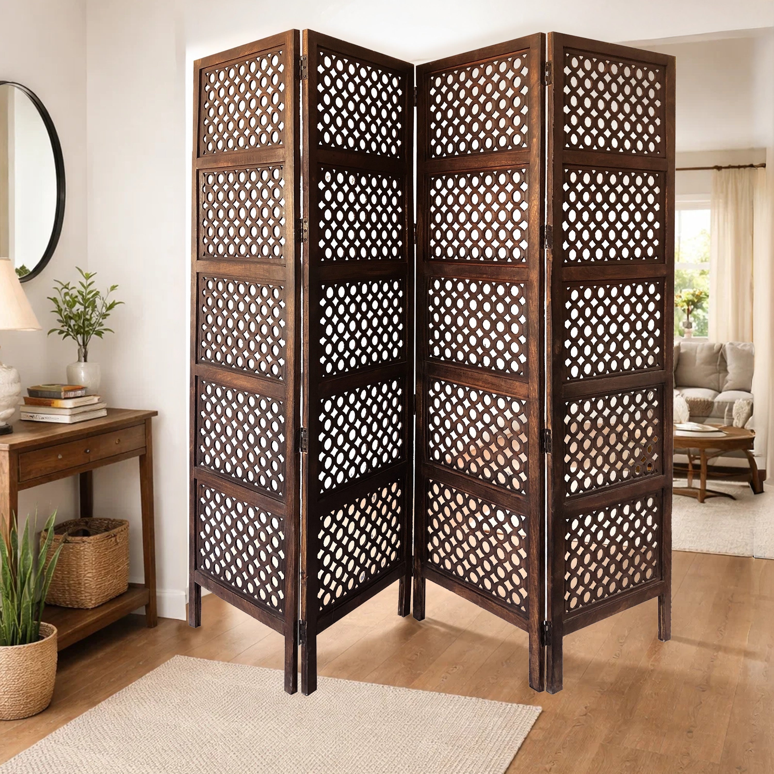 Decorative Four Panel Mango Wood Hinged Room Divider With Circular Cutout Design Brown
