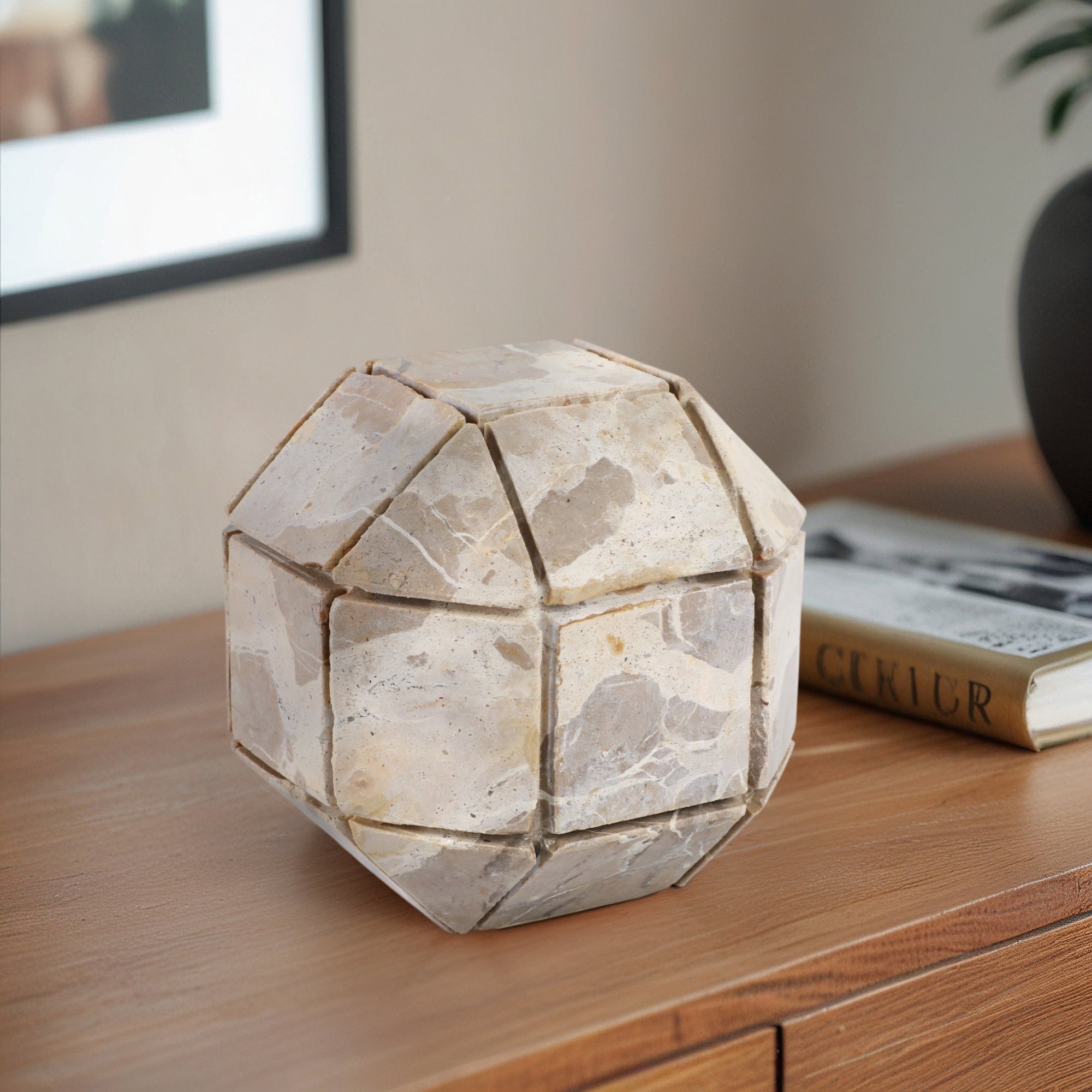 Decorative Geometric Marble Orb Sculpture Ivory Tan