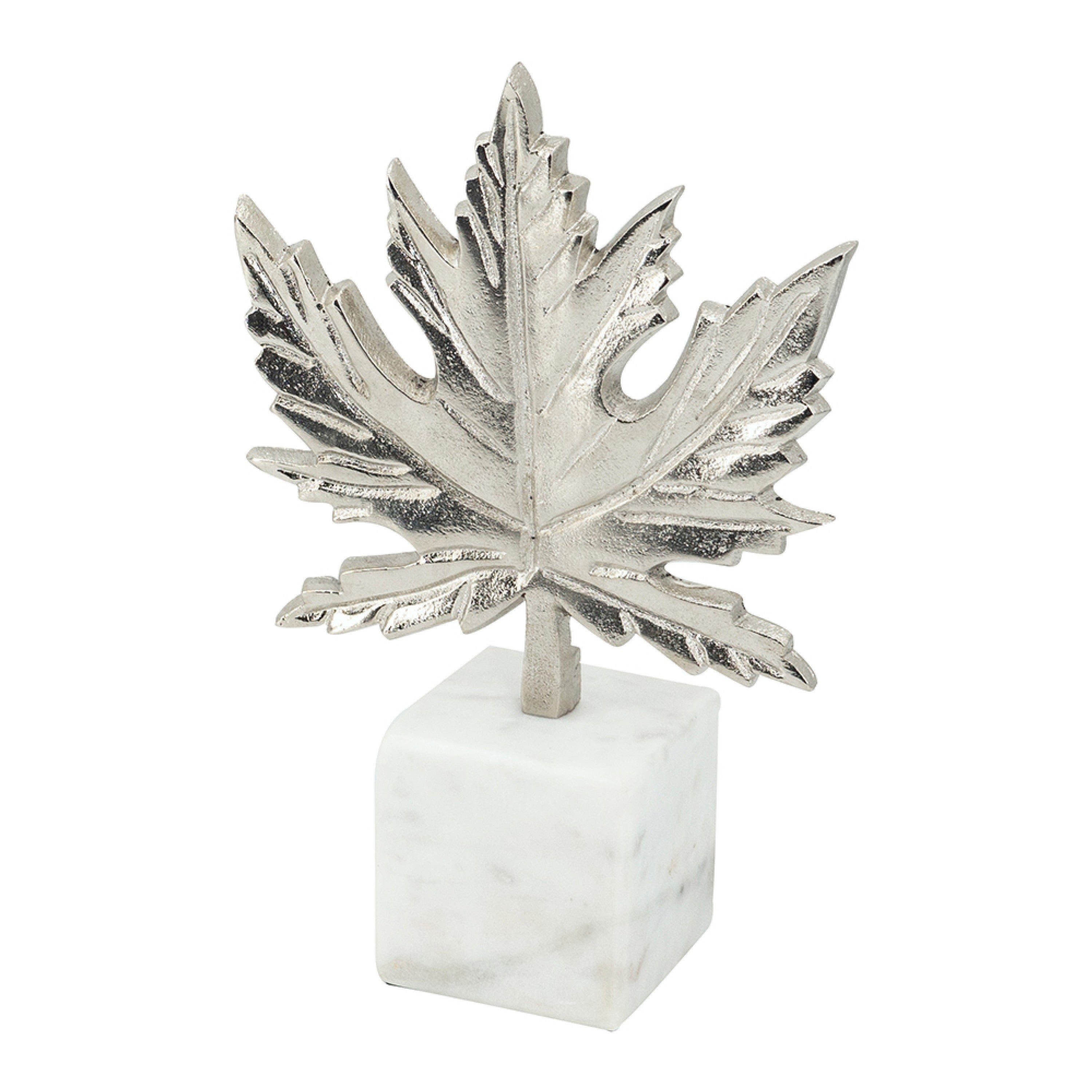 Decorative Maple Leaf Sculpture 11 Inch Silver Aluminum White Marble