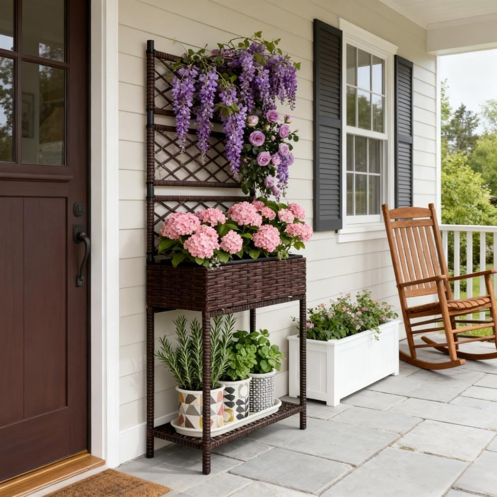 Decorative Rattan Raised Garden Bed With Trellis Storage Shelf