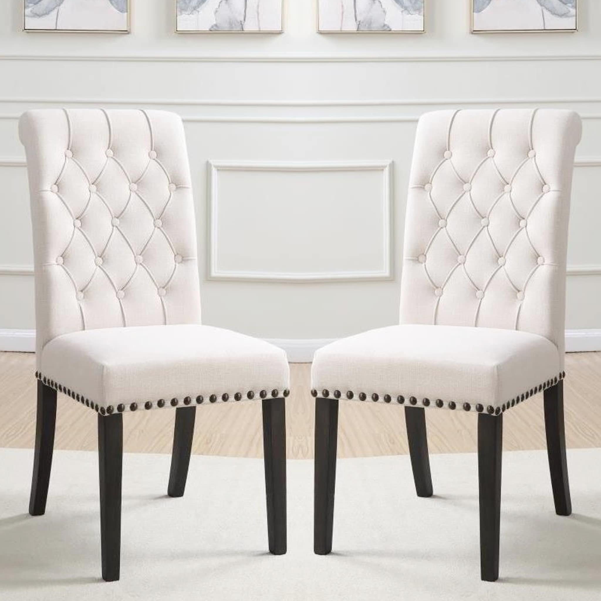 Decorative Rolled Back Button Tufted Chairs With Nailhead Trim Set Of 2