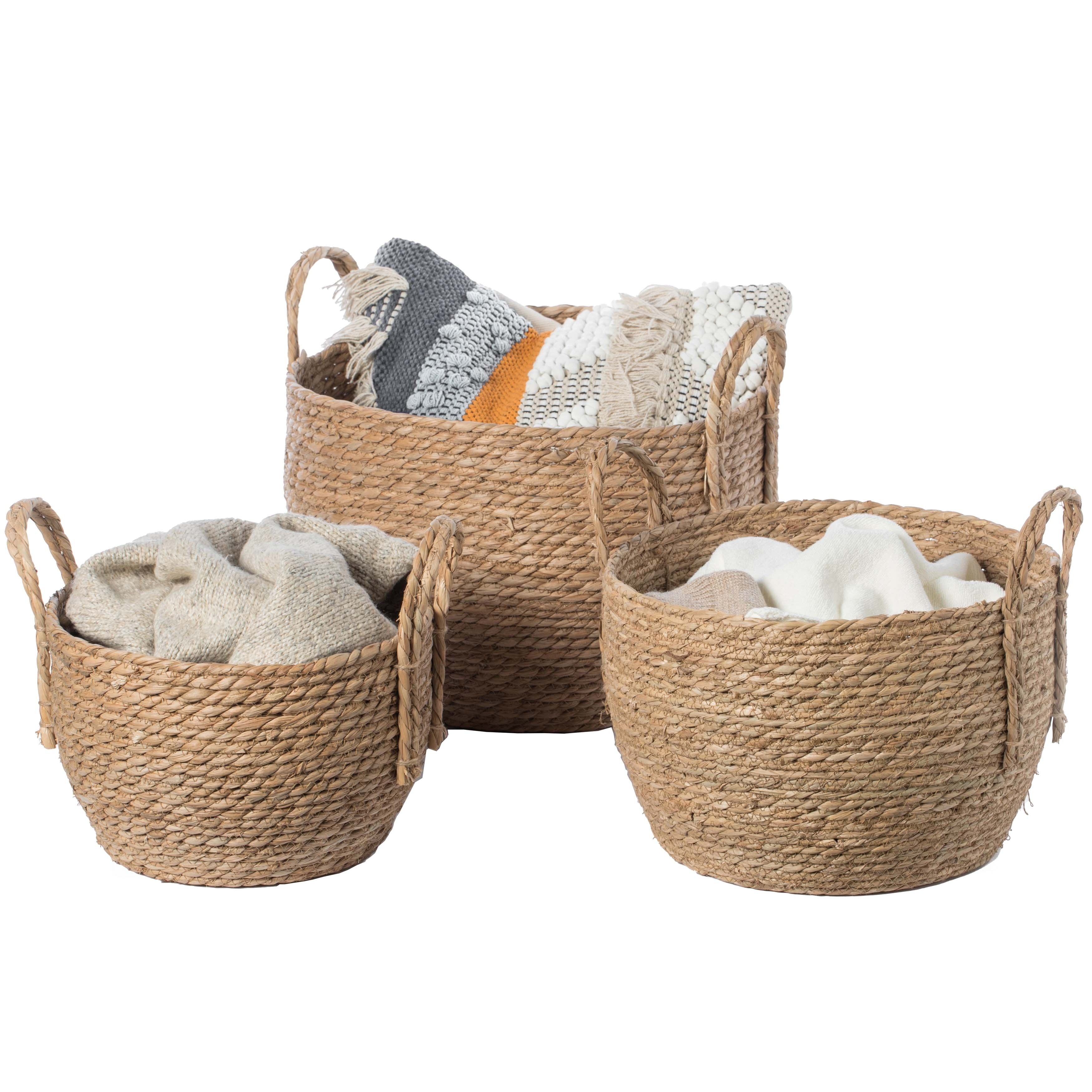 Decorative Round Wicker Woven Rope Storage Blanket Basket With Braided Handles Set Of 3