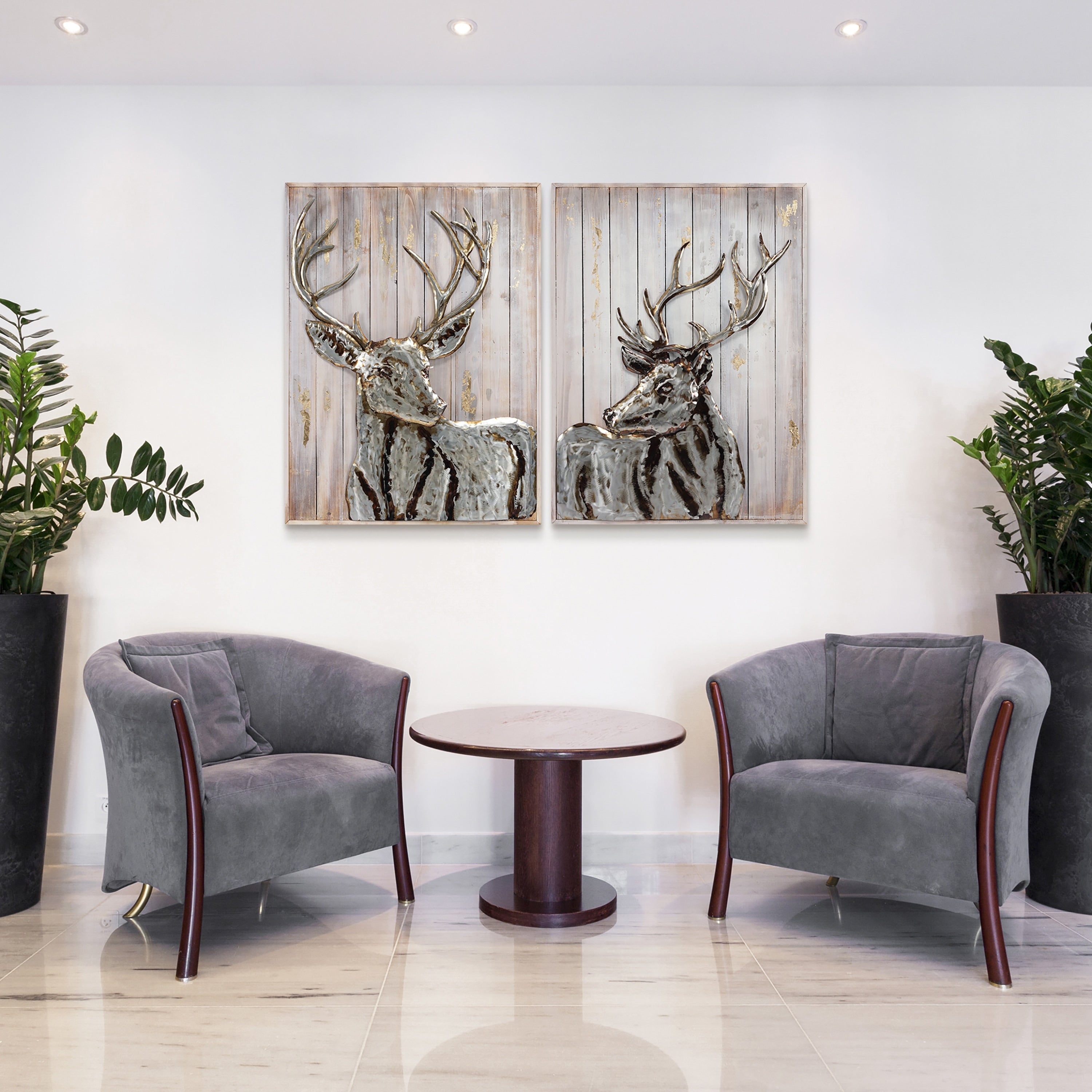 Deer Handed Painted Iron Wall Sculpture On Slatted Solid Wood Wall Art