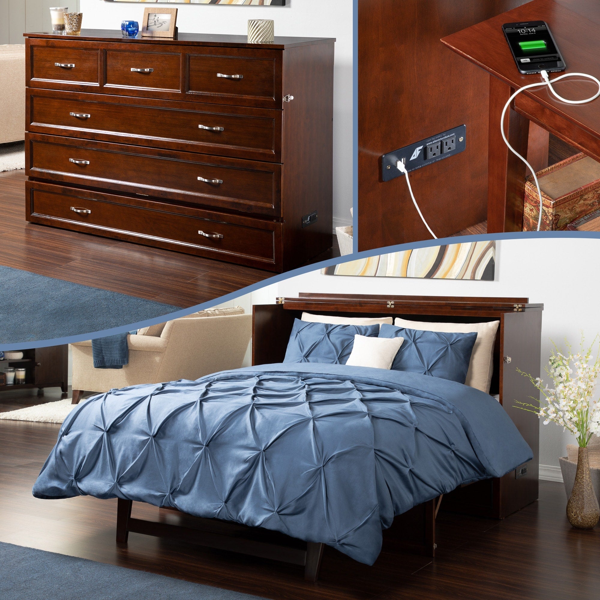 Queen Size Antique Walnut Chest Fold Out Bed With Charging Station