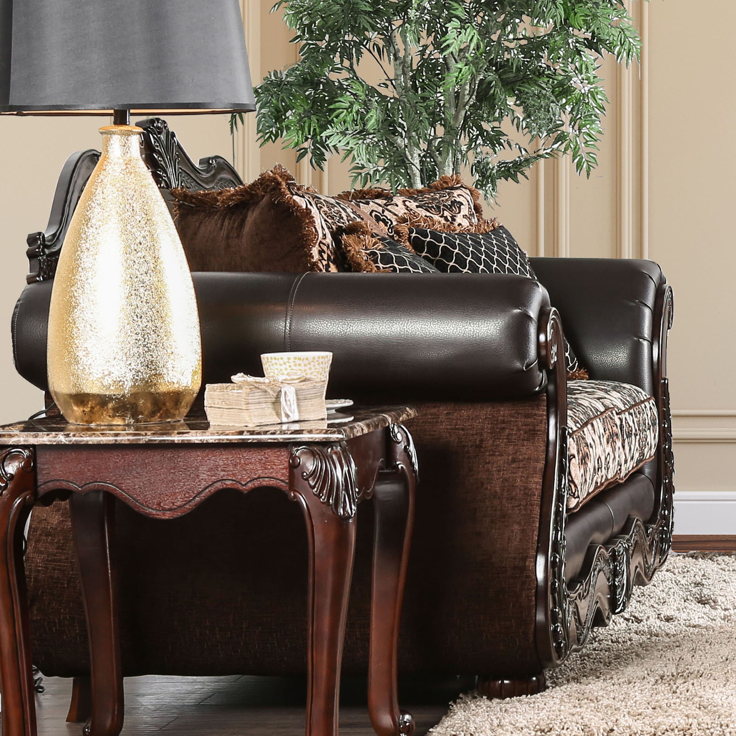 Furniture Of America Delane Traditional Chenille Fabric And Faux Leather Brown Loveseat