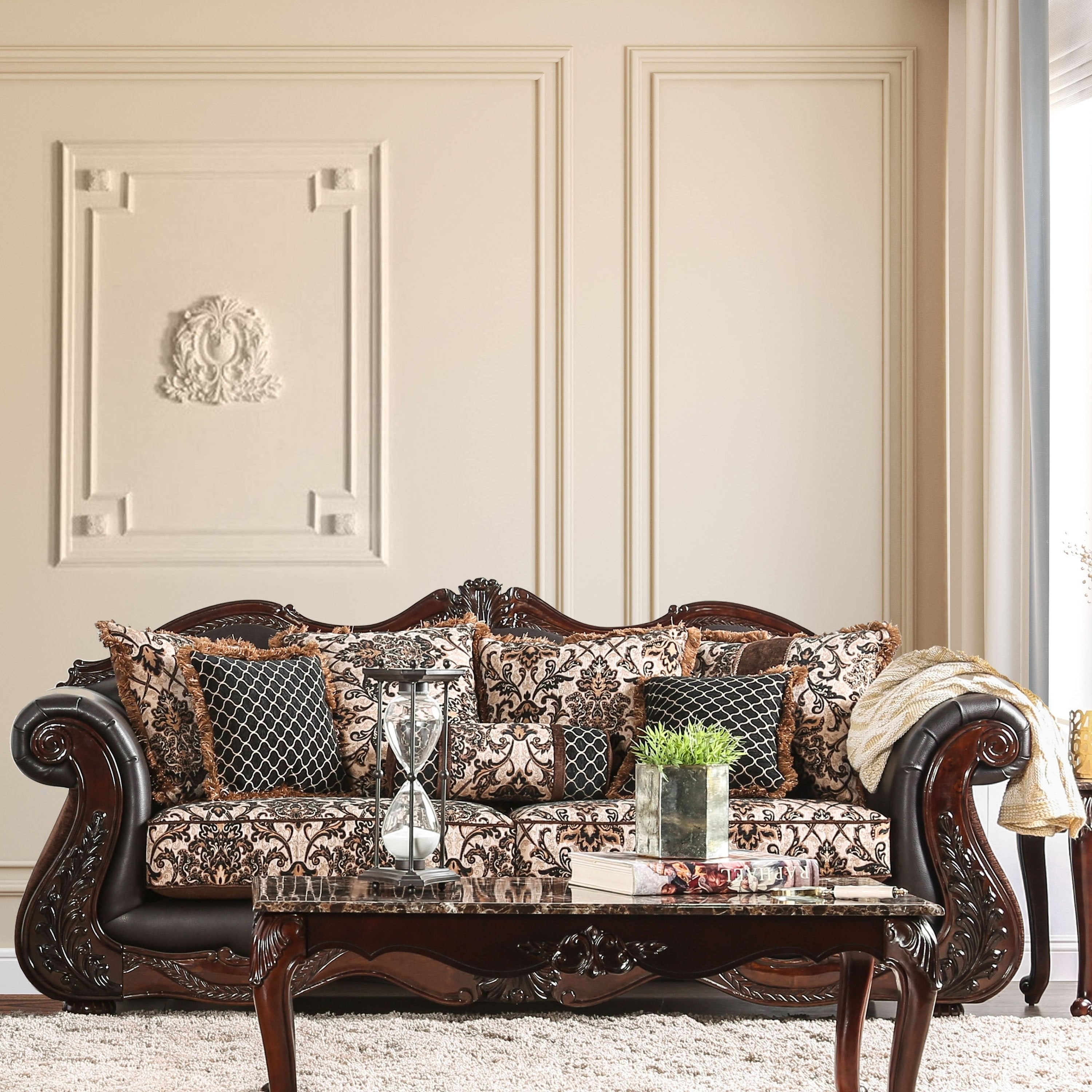 Furniture Of America Delane Traditional Chenille Fabric And Leather Brown Sofa