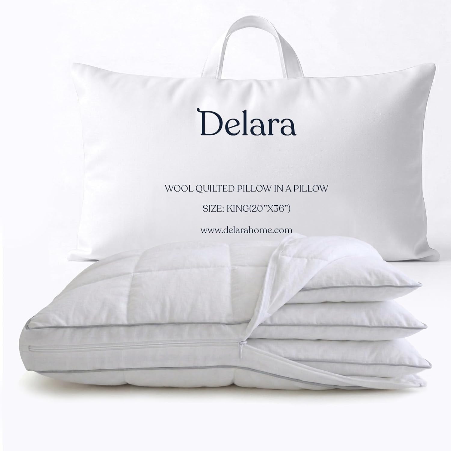 New Zealand Wool Quilted 3In1 Adjustable Pillow Organic Cotton Cover Baffle Box Construction Sleep Pillow White