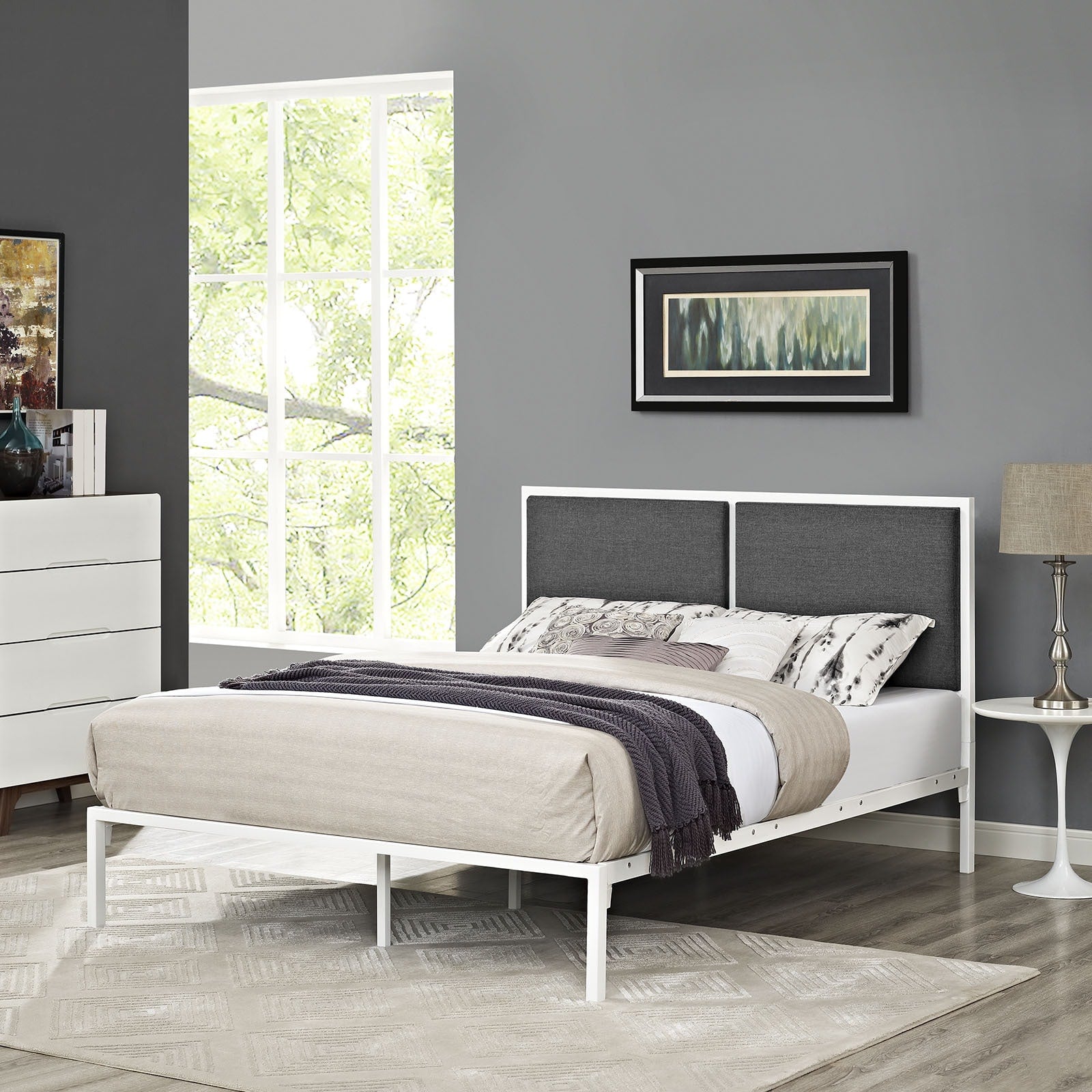 Della Fabric Bed In White Gray