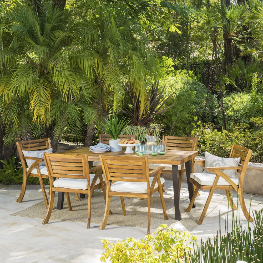 Della Outdoor 7 Piece Rectangle Acacia Wood Dining Set With Cushions By Christopher Knight Home