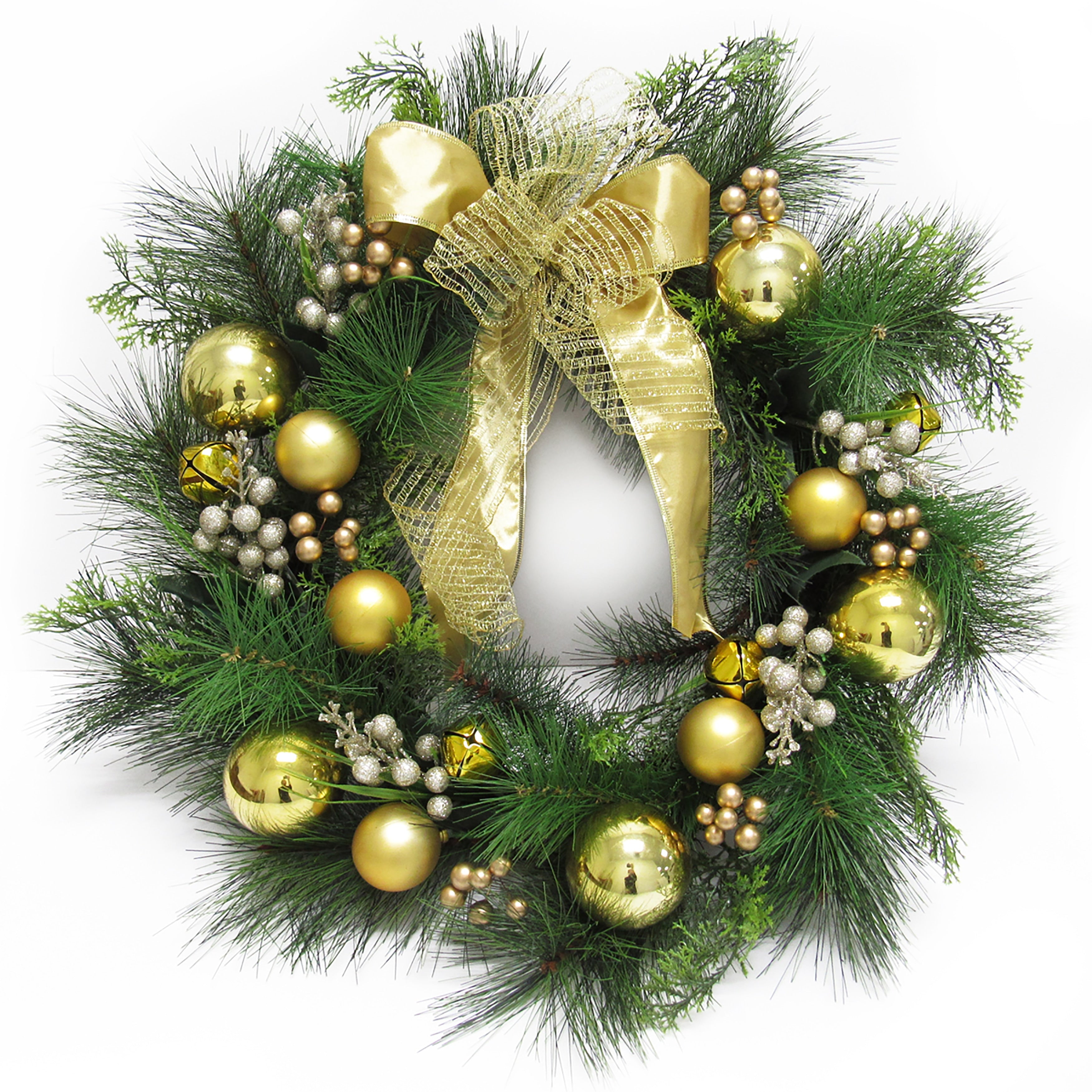 Deluxe Gold Ornament Bell Berry Pine Wreath 24In 24 L X 24 W X 6 Dp