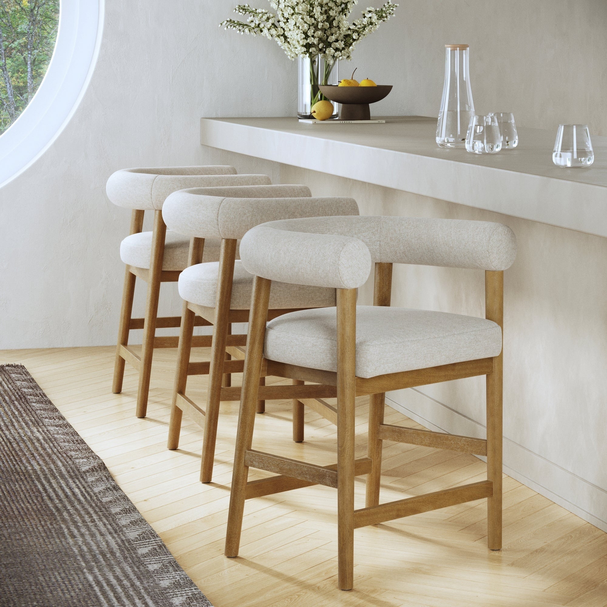 Demi Modern Barrel Bar Stool With Solid Wood Legs Natural Flax Upholstery And Curved Back