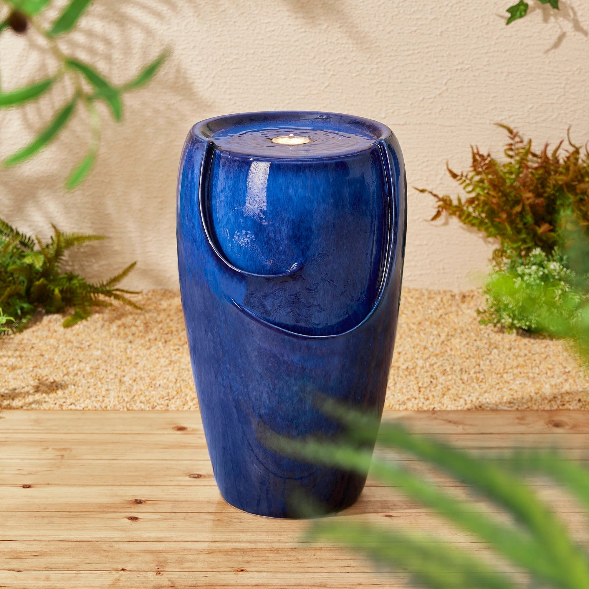 Havenside Home Demta 20.5 Inch Cobalt Blue Ceramic Fountain With Led Light
