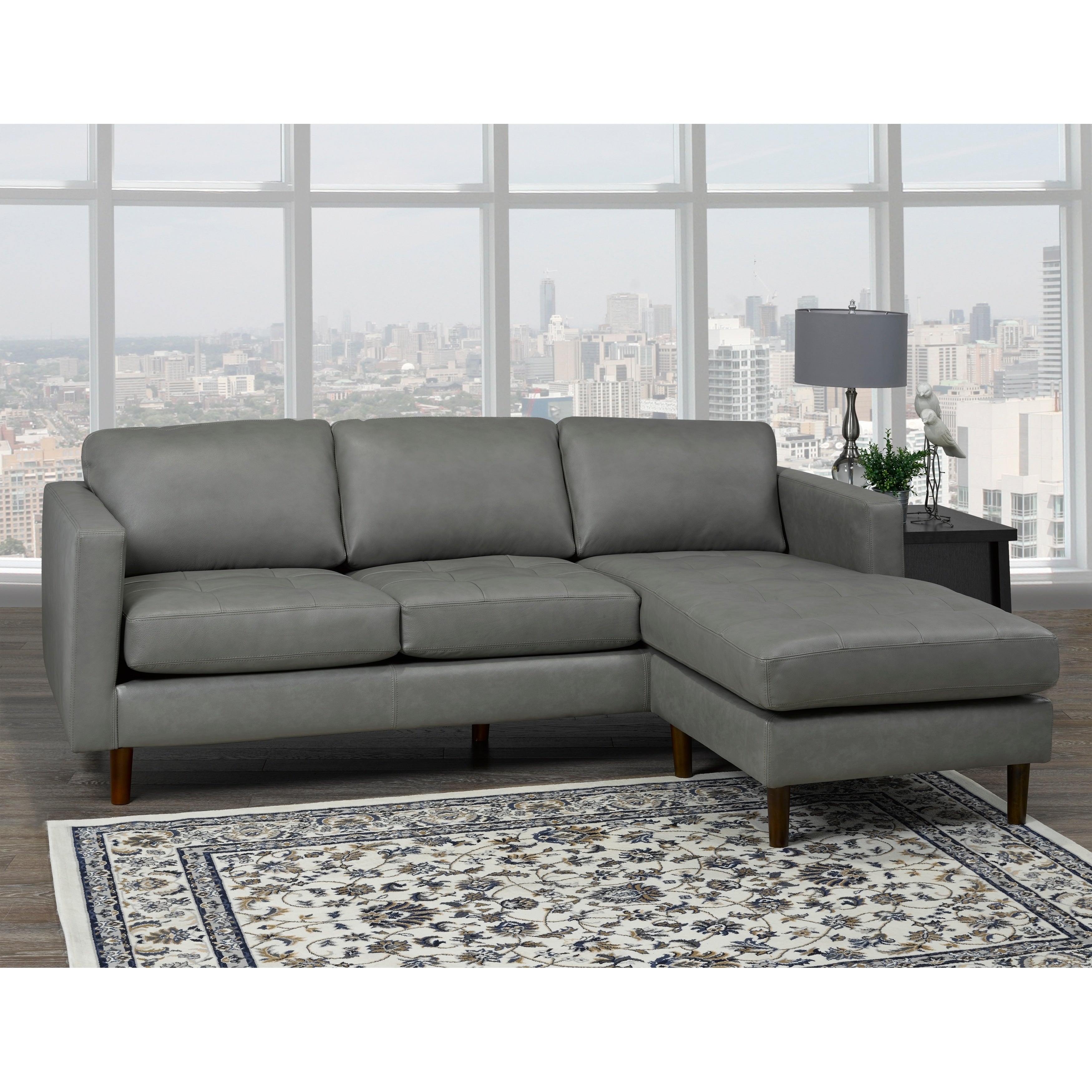 Des Mid Century Modern Grey Top Grain Leather Tufted Sectional Sofa