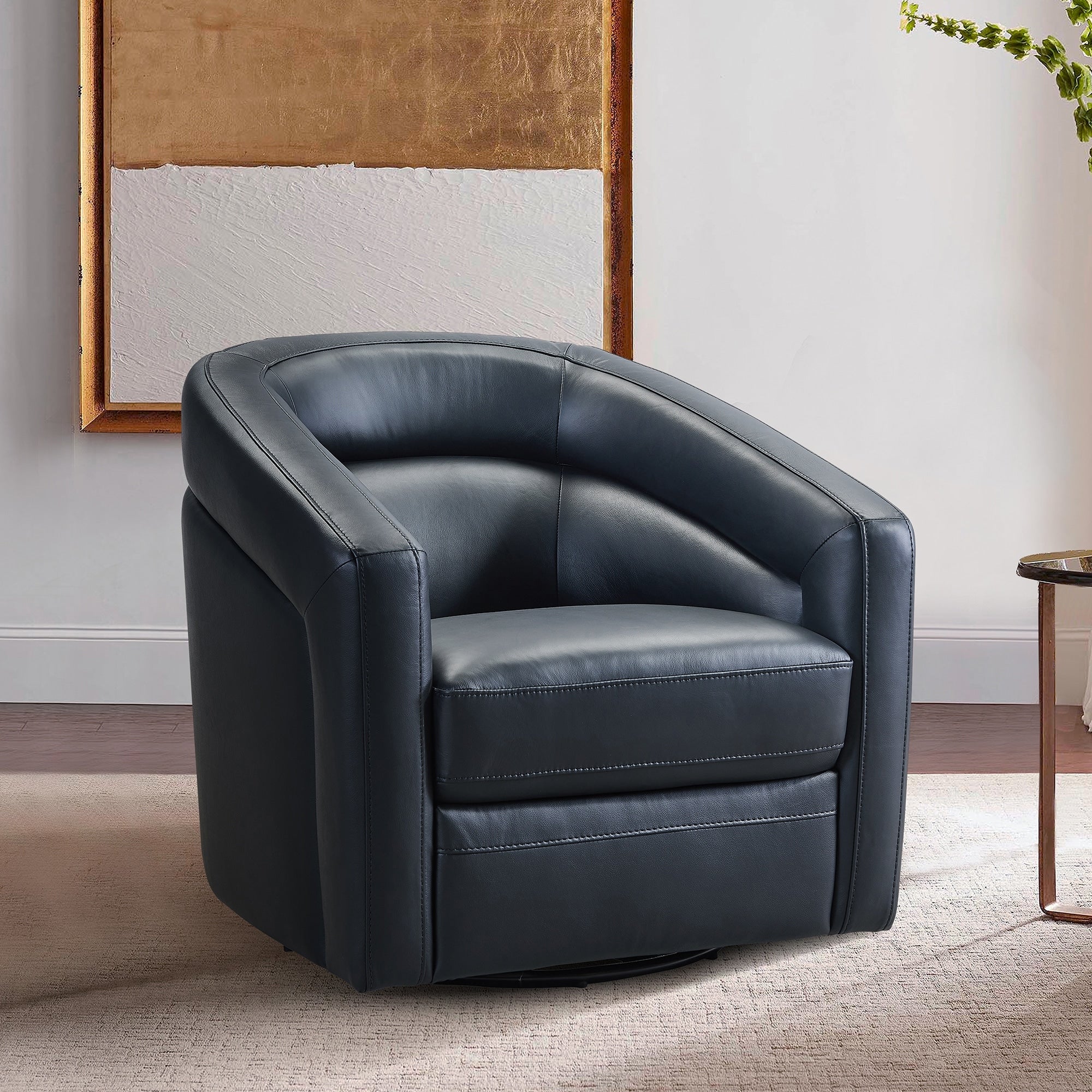 Desi Contemporary Swivel Accent Chair In Black Genuine Leather