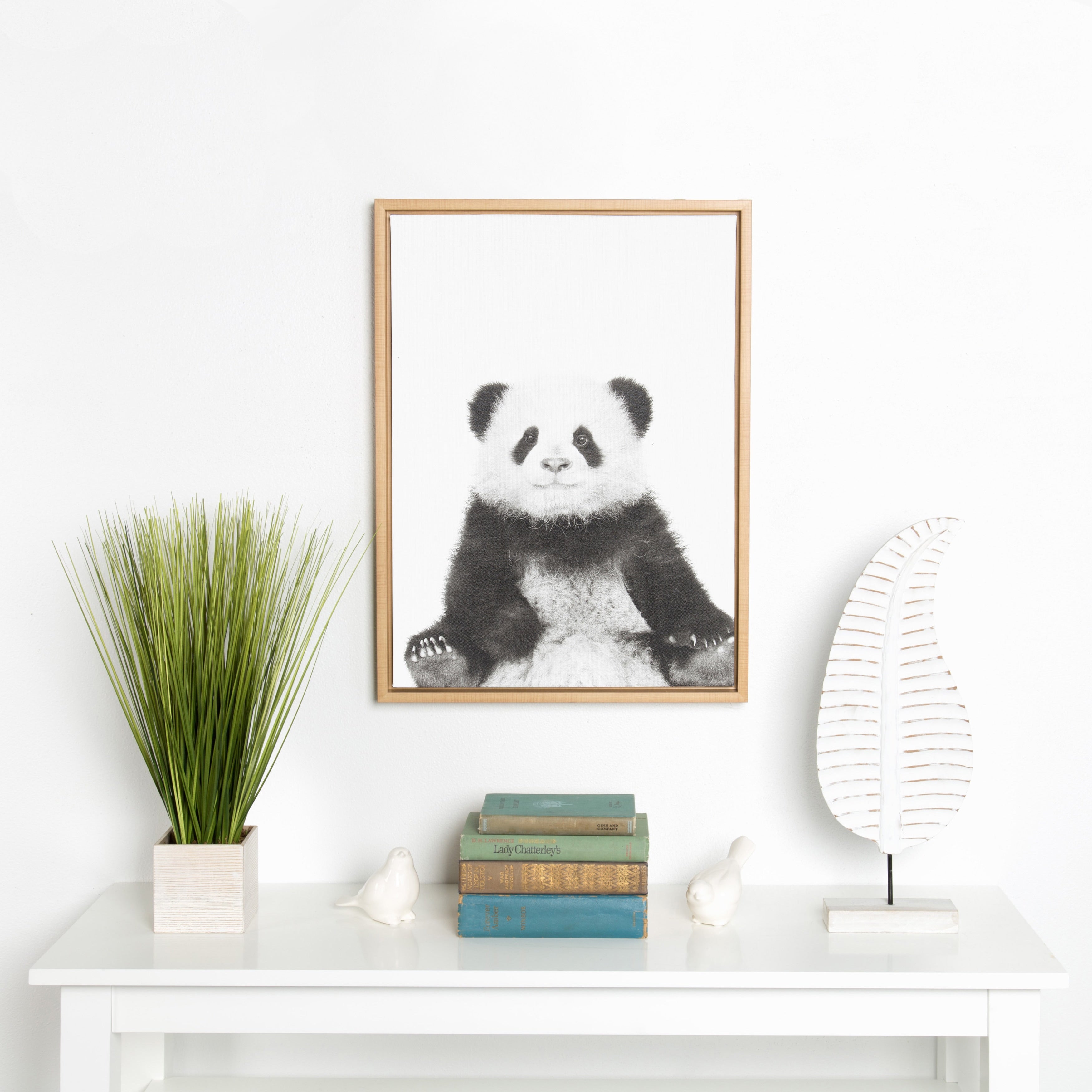 Designovation Sylvie Sitting Panda Black And White Portrait Natural Framed Canvas Wall Art By Simon Te Tai
