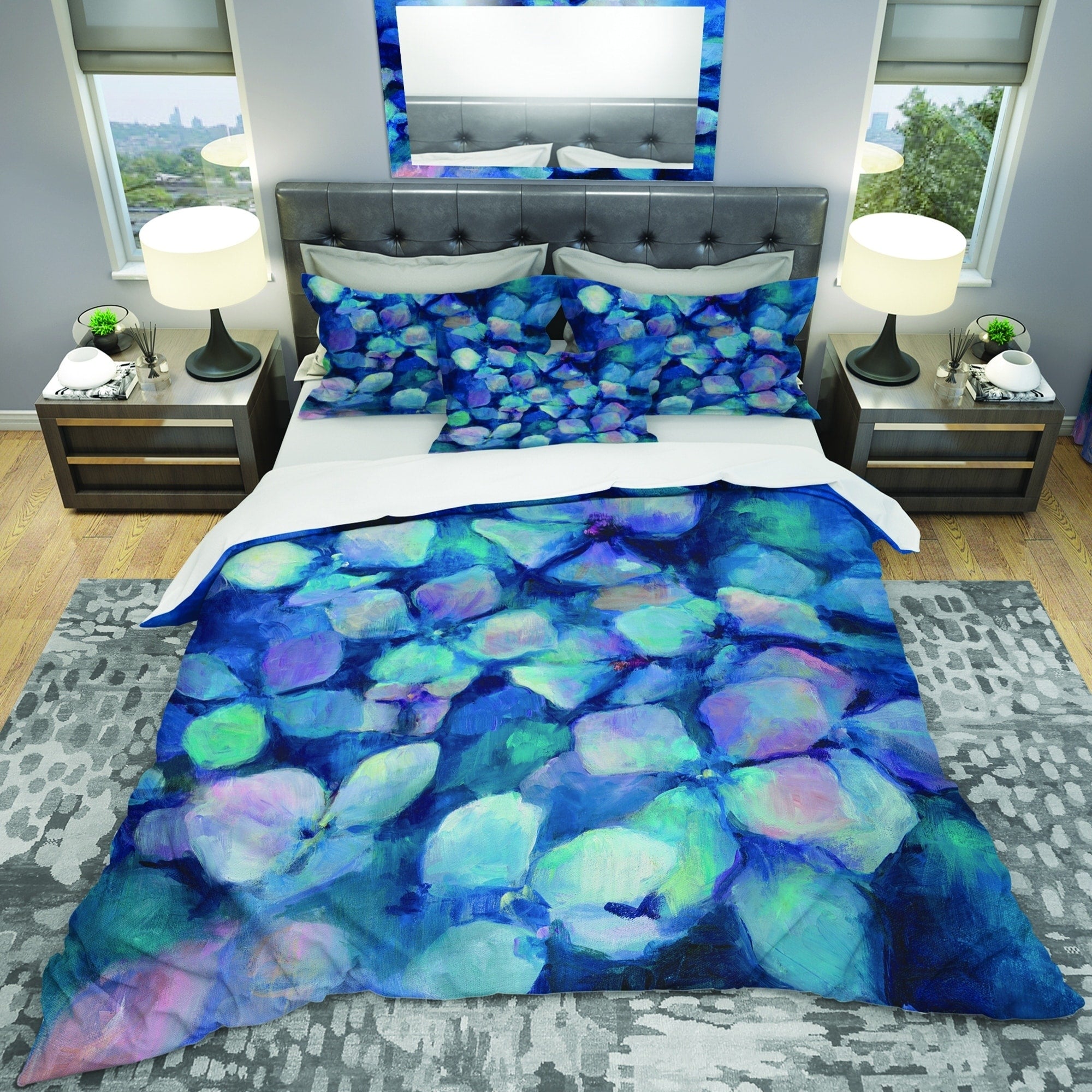 Designart Abstract Blue Flower Petals Geometric Bedding Set Duvet Cover Shams