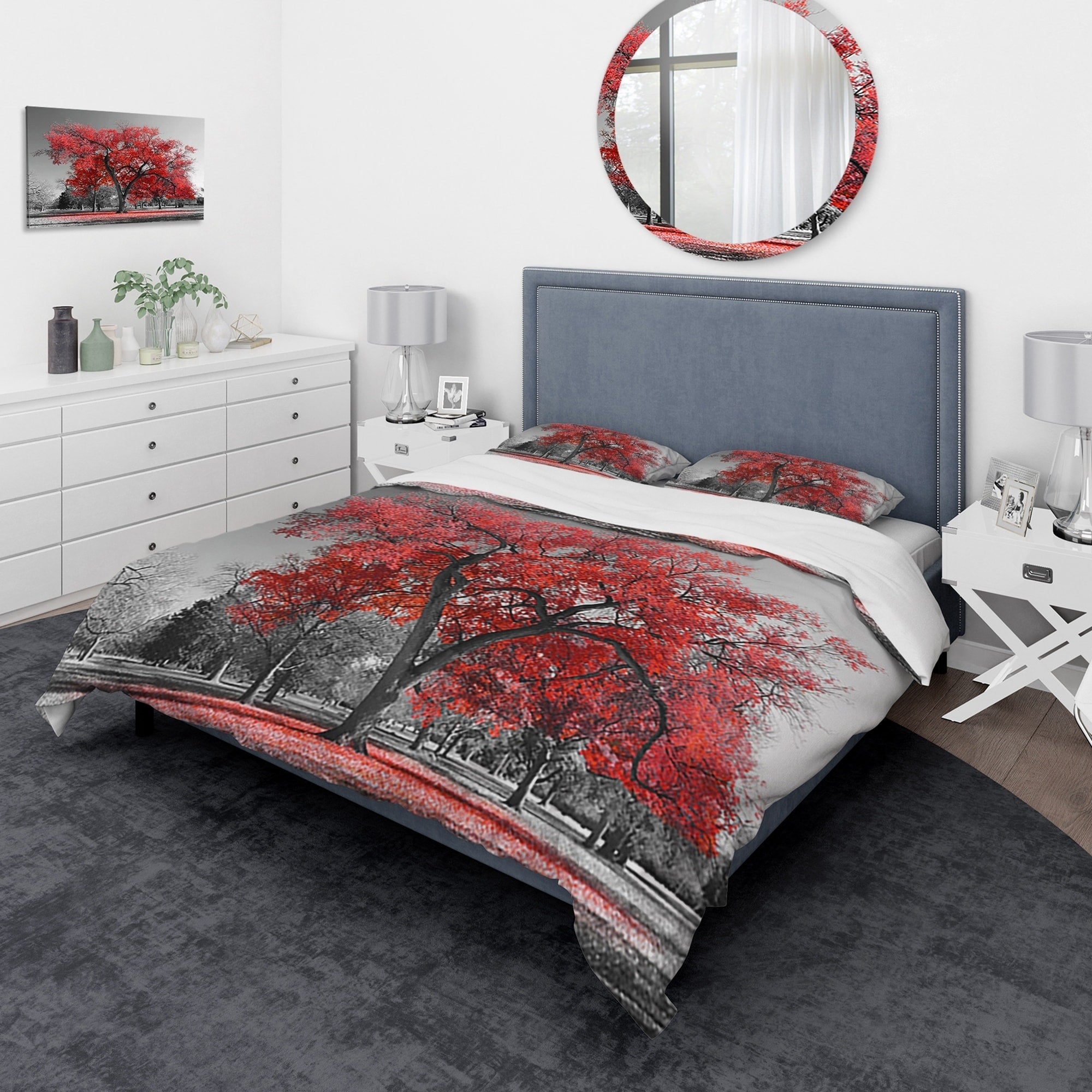 Designart Big Red Tree On Foggy Day Traditional Bedding Set Duvet Cover Shams