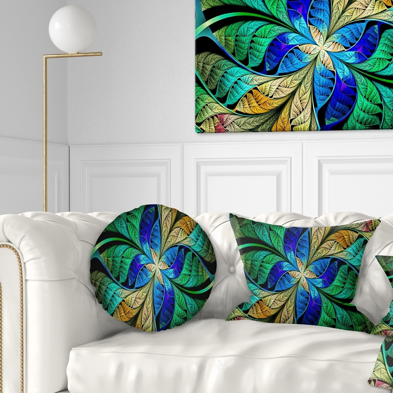 Designart Blue Green Fractal Flower Petals Abstract Throw Pillow