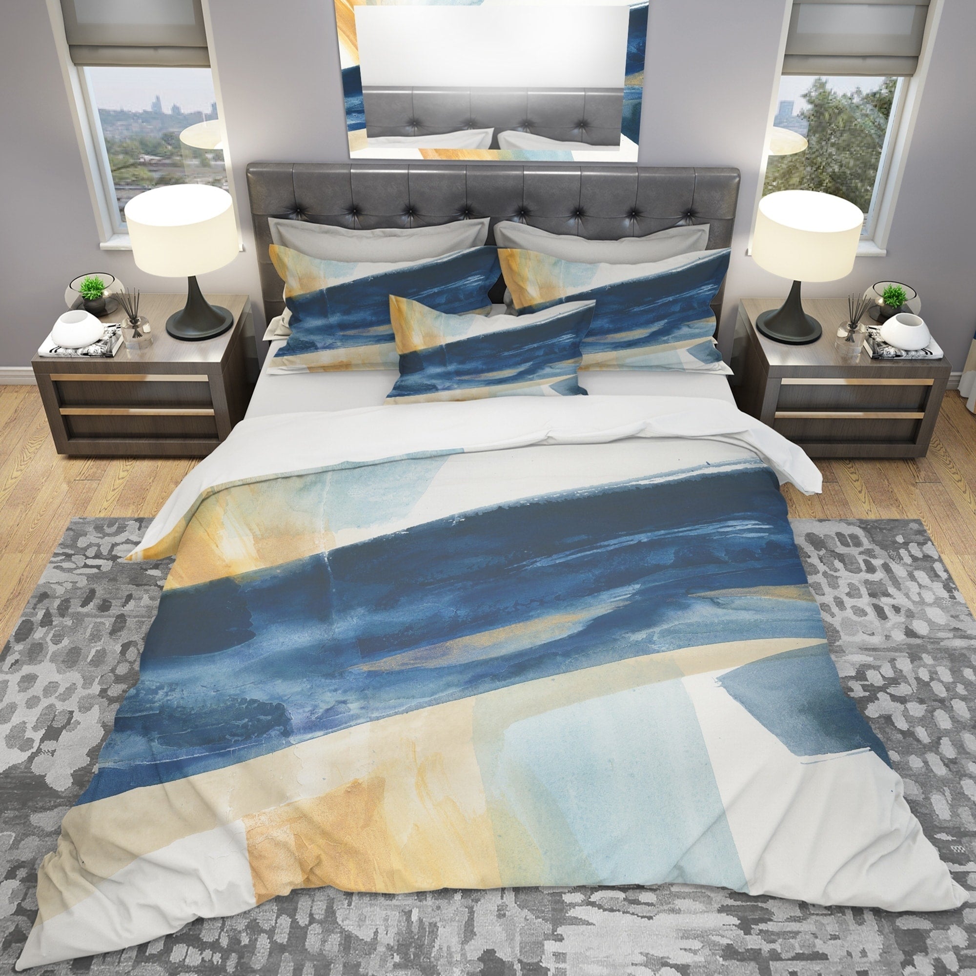 Designart Indigo Panel I Geometric Bedding Set Duvet Cover Shams