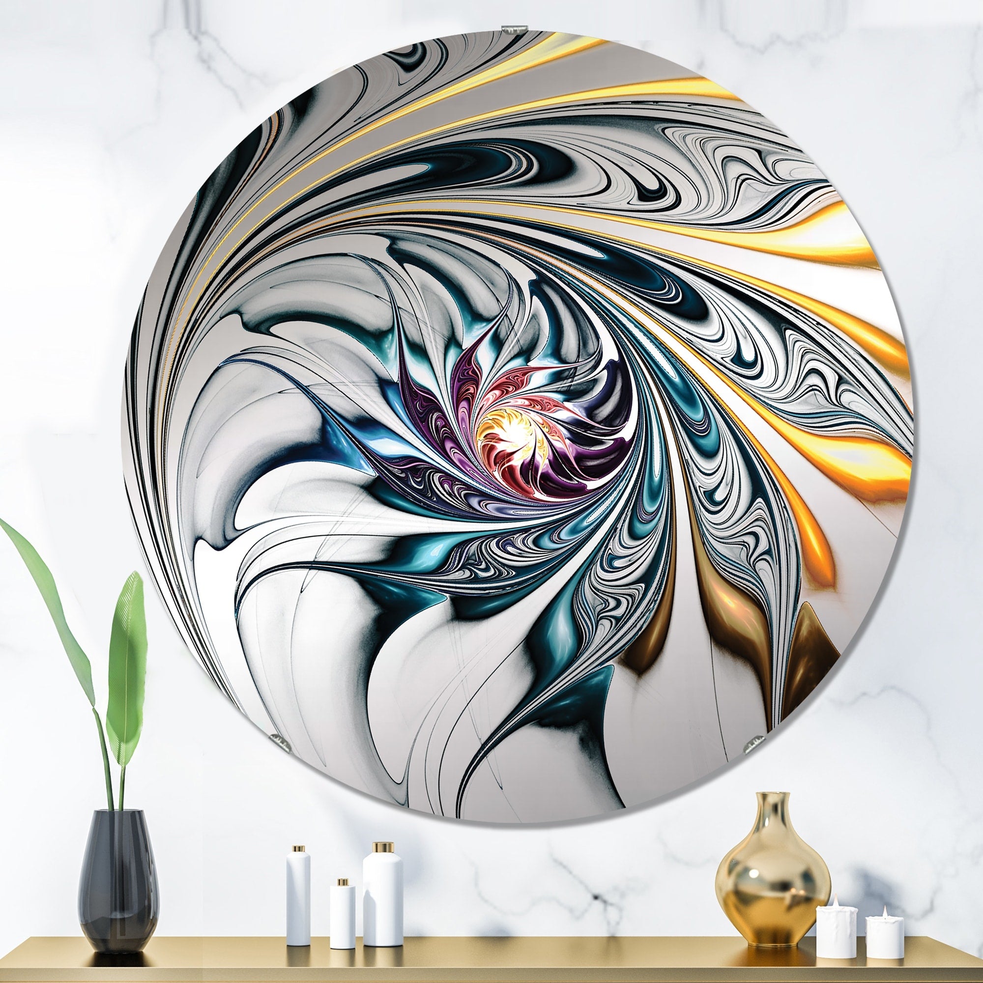 Designart White Stained Glass Floral Art Modern Mirror Contemporary Oval Or Round Wall Mirror White