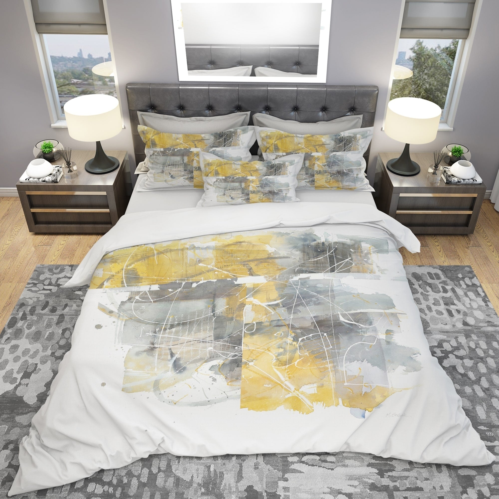 Designart Moving In And Out Of Traffic Ii Yellow Grey Geometric Bedding Set Duvet Cover Shams