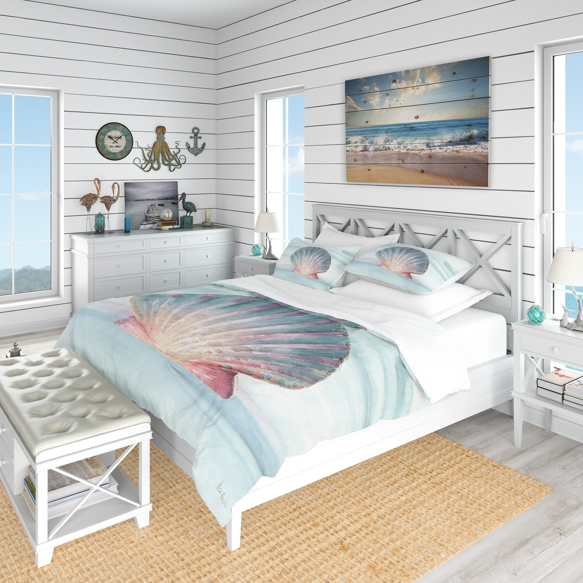 Designart Ocean Shell On Blue Coastal Bedding Set Duvet Cover Shams