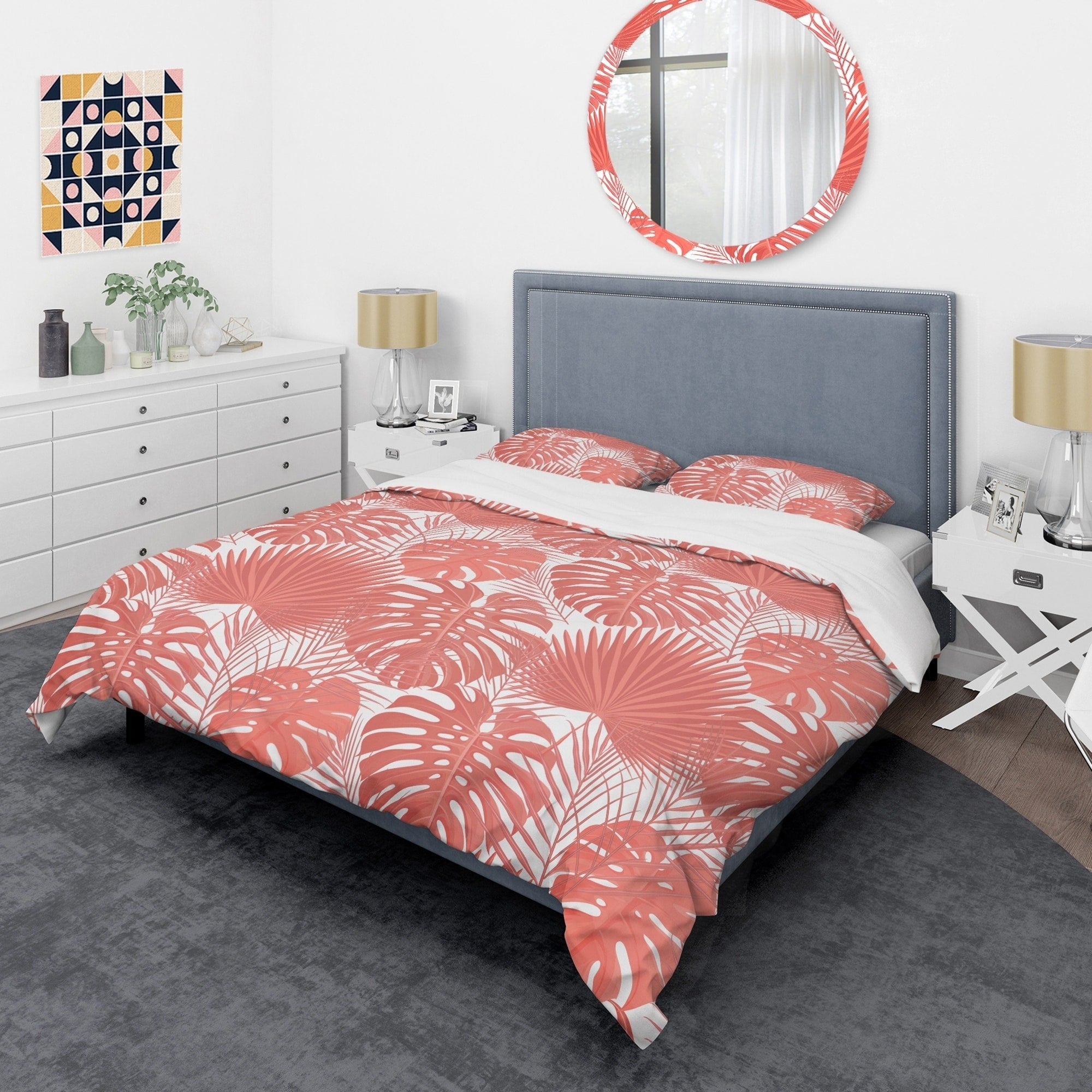 Designart Tropical Retro Foliage Coral I Mid Century Duvet Cover Set
