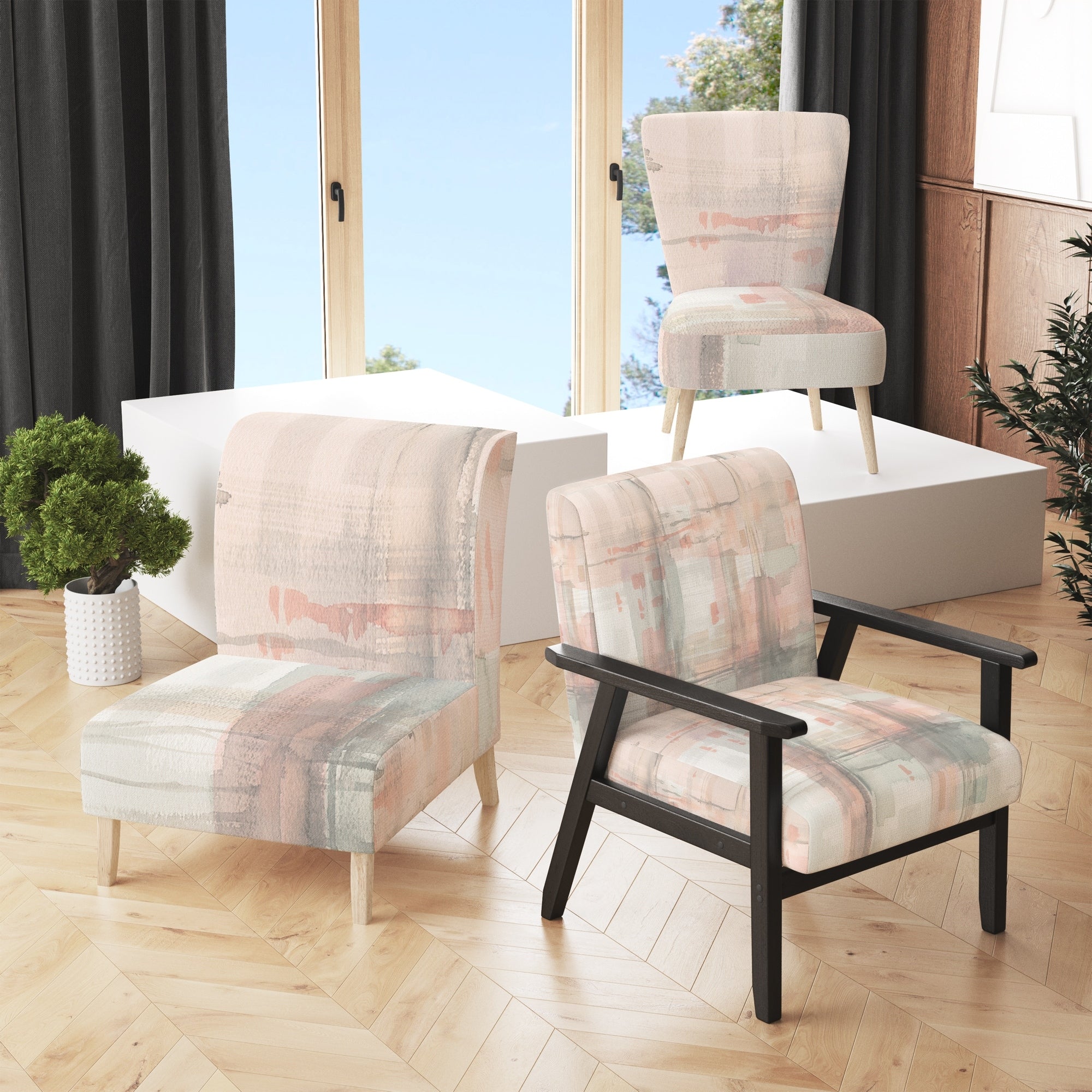 Designart Intersect Ii Grey Upholstered Pink Modern Accent Chair