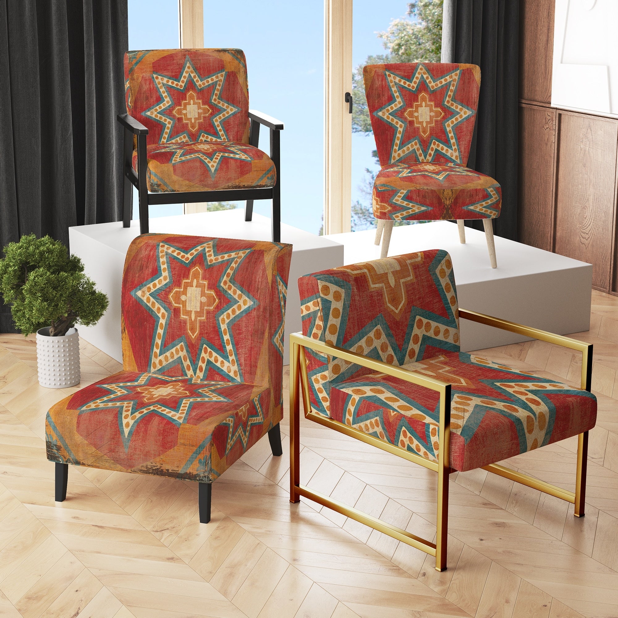Designart Moroccan Orange Tiles Collage I Upholstered Bohemian Chic Accent Chair